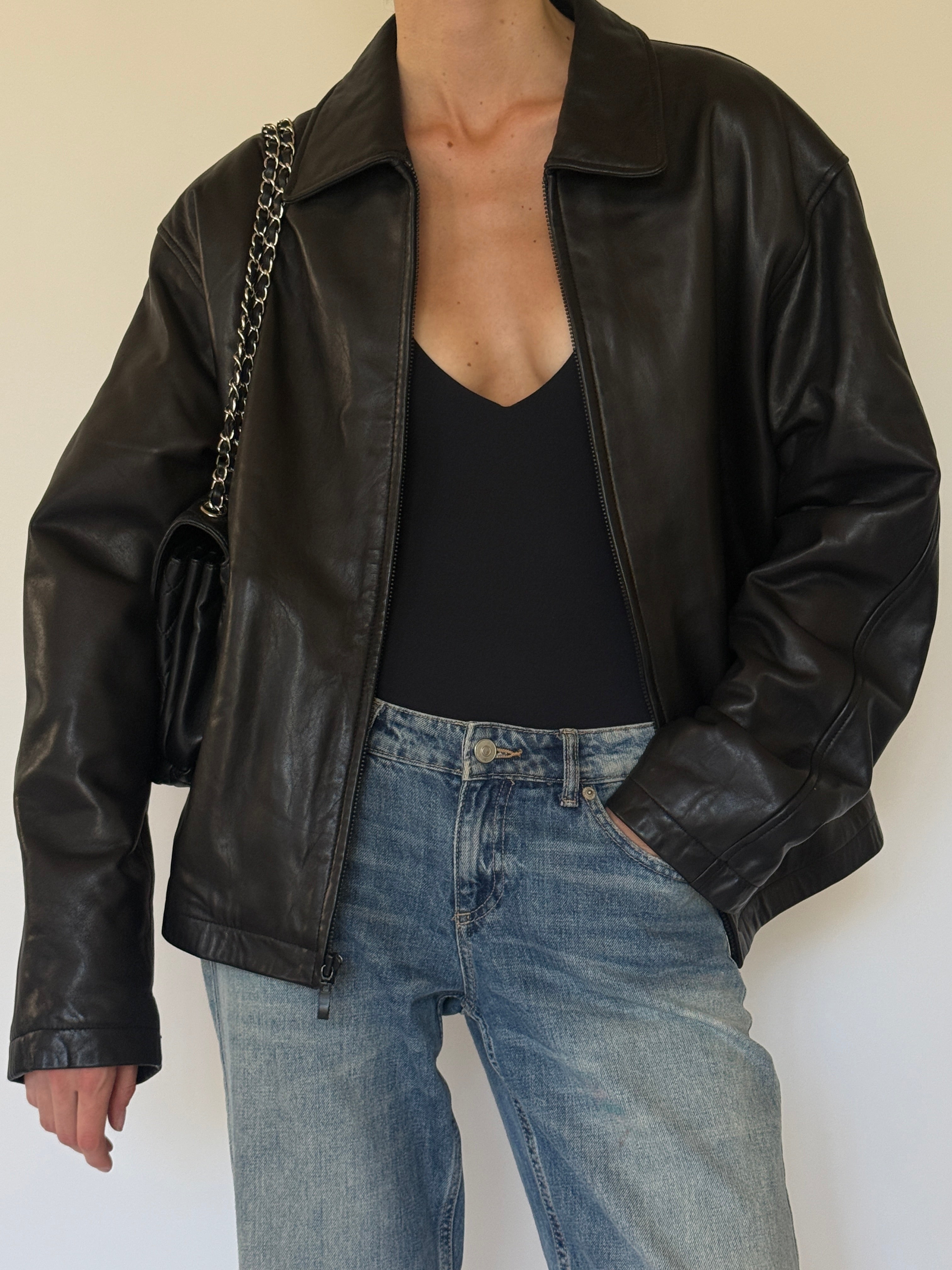 Vintage oversized black leather jacket front view