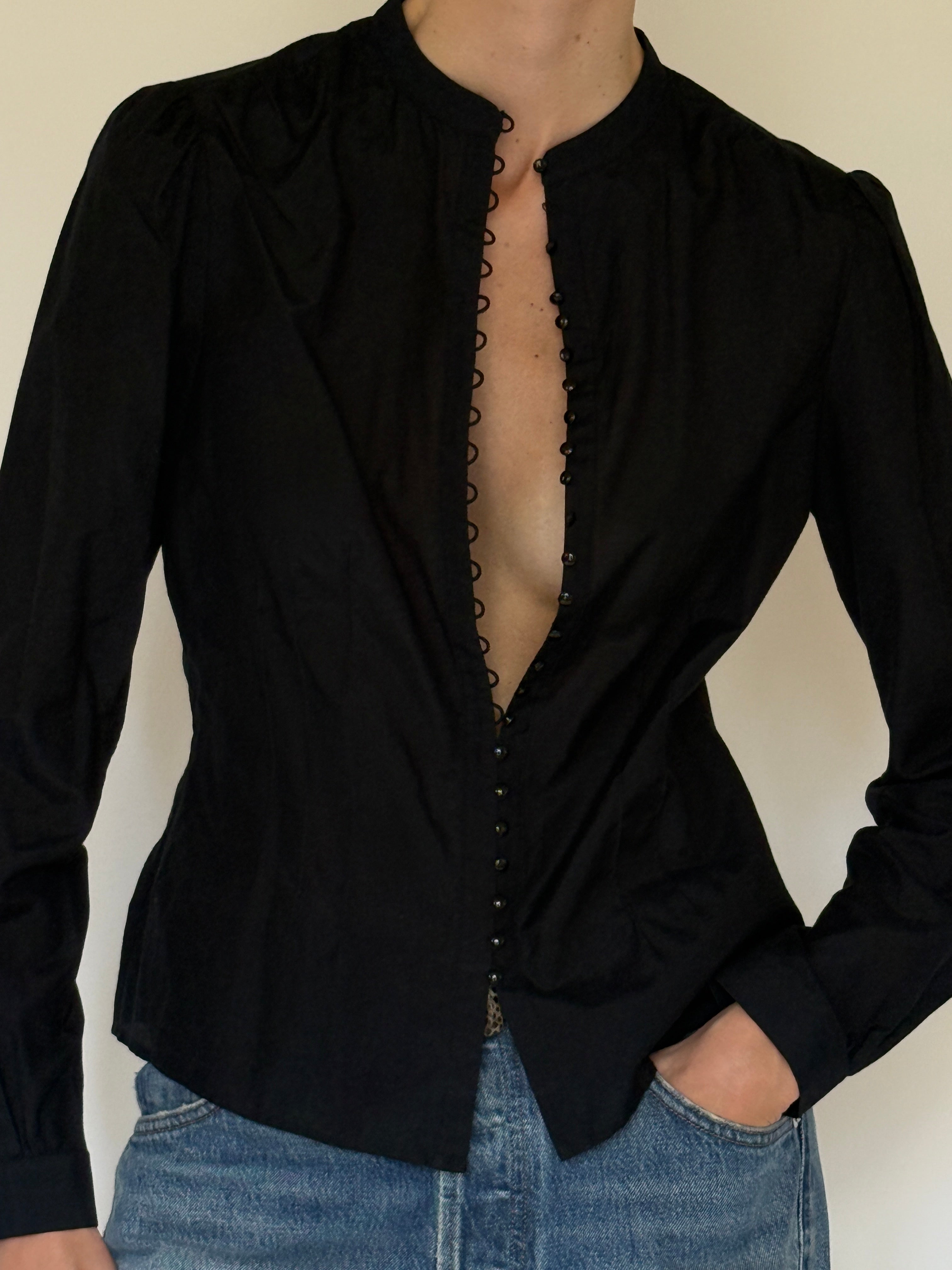 Vintage black button-front tailored blouse front view