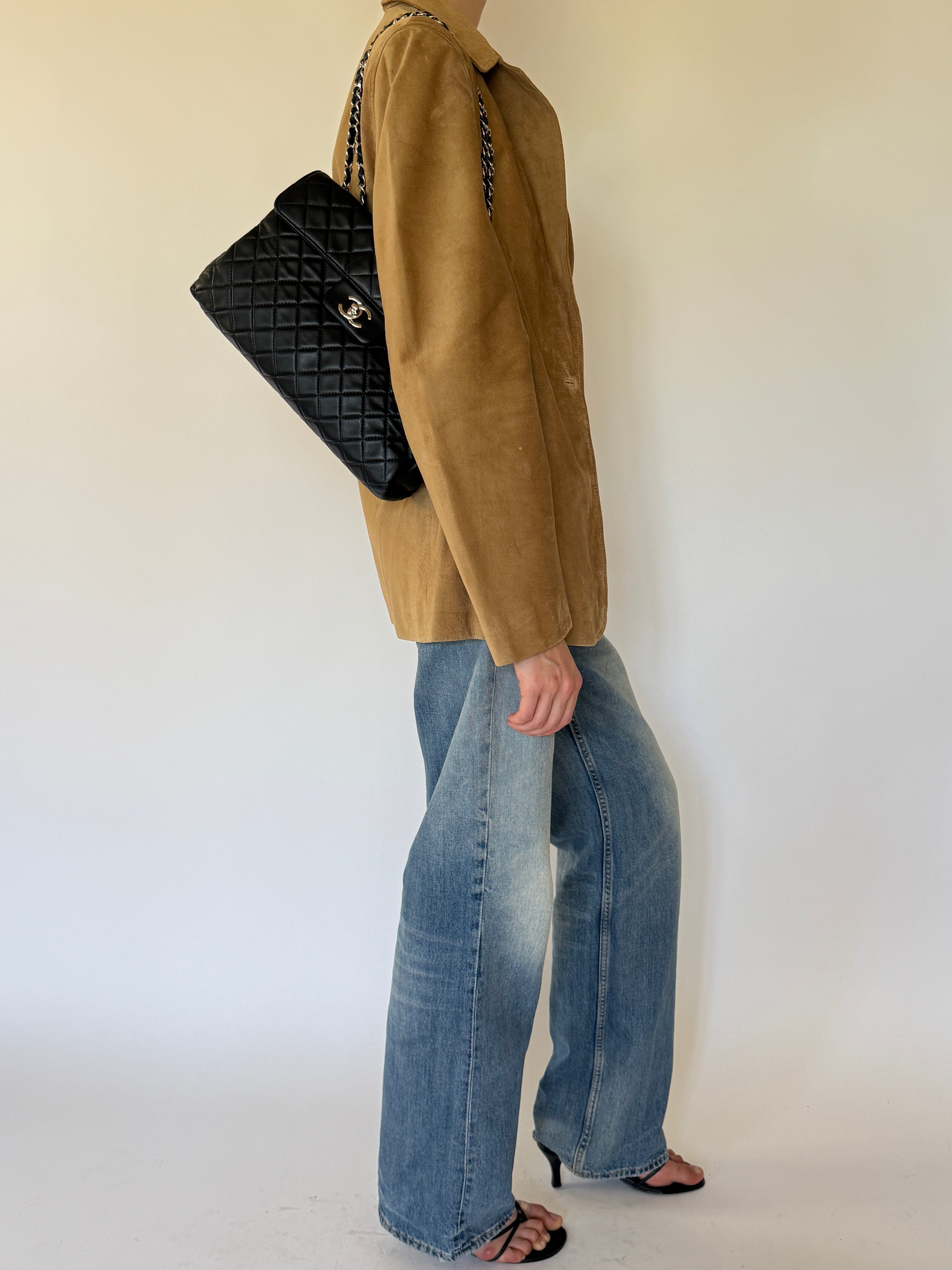 Vintage camel suede leather jacket side view