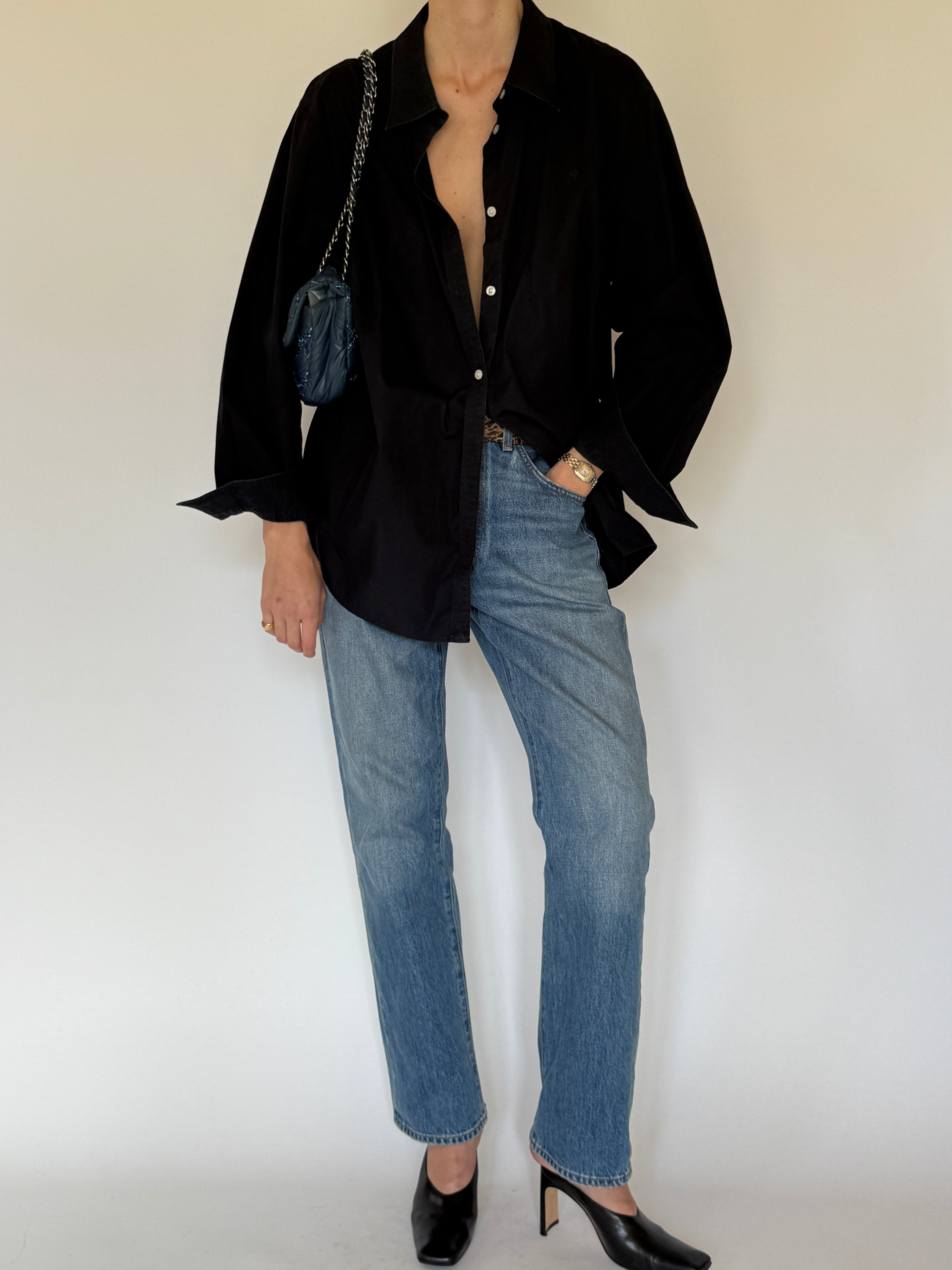 Vintage Ralph Lauren oversized black button-up shirt front view