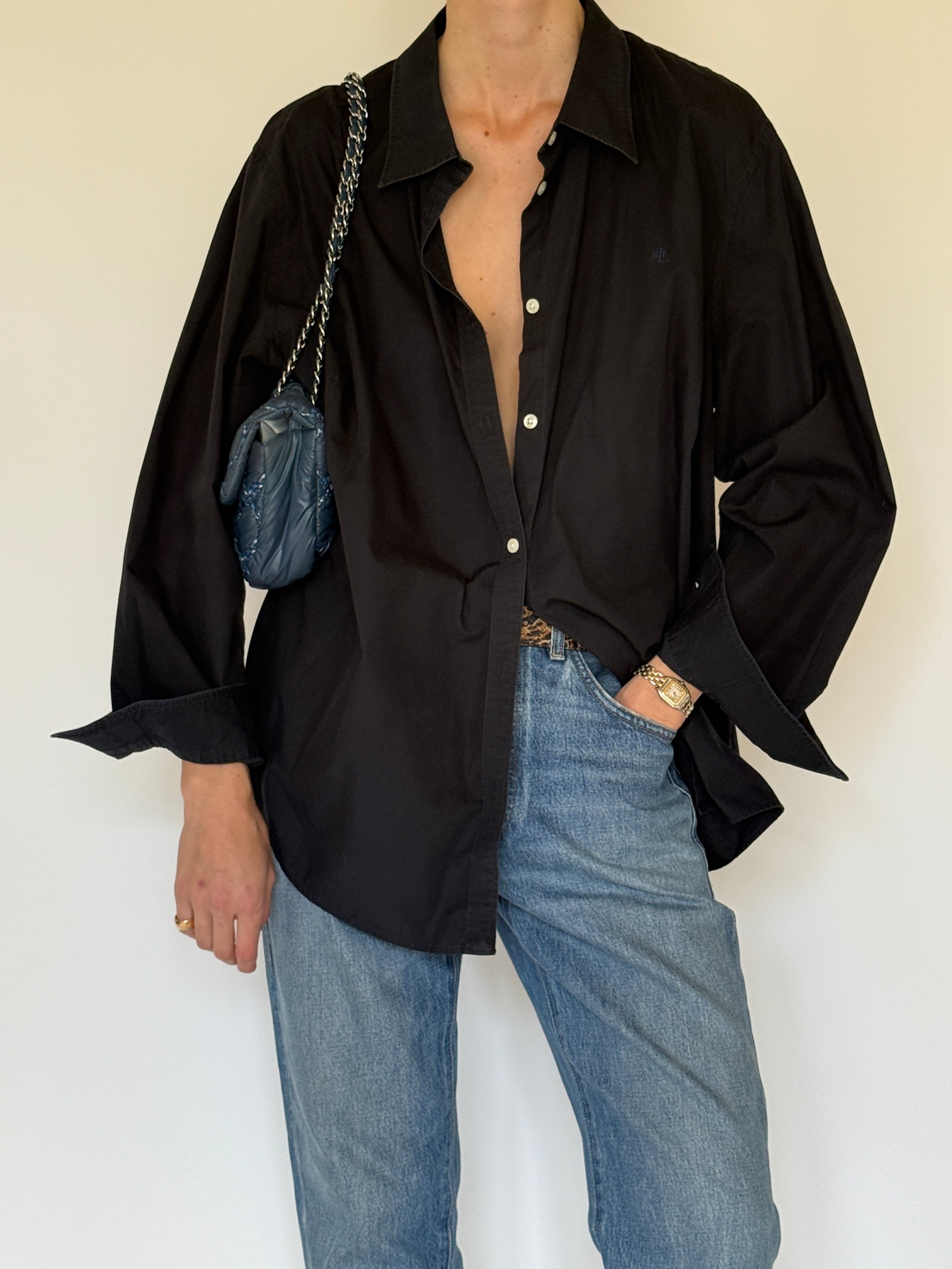 Vintage Ralph Lauren oversized black button-up shirt front view