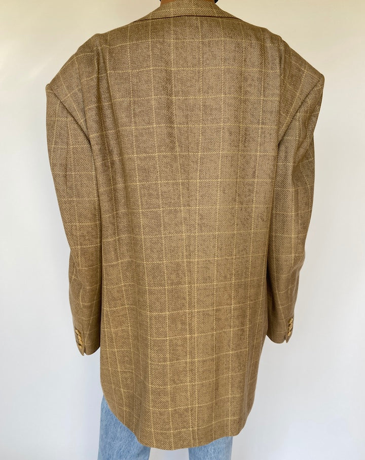 VINTAGE OVERSIZED LONG CHECKED BEIGE BLAZER 3181