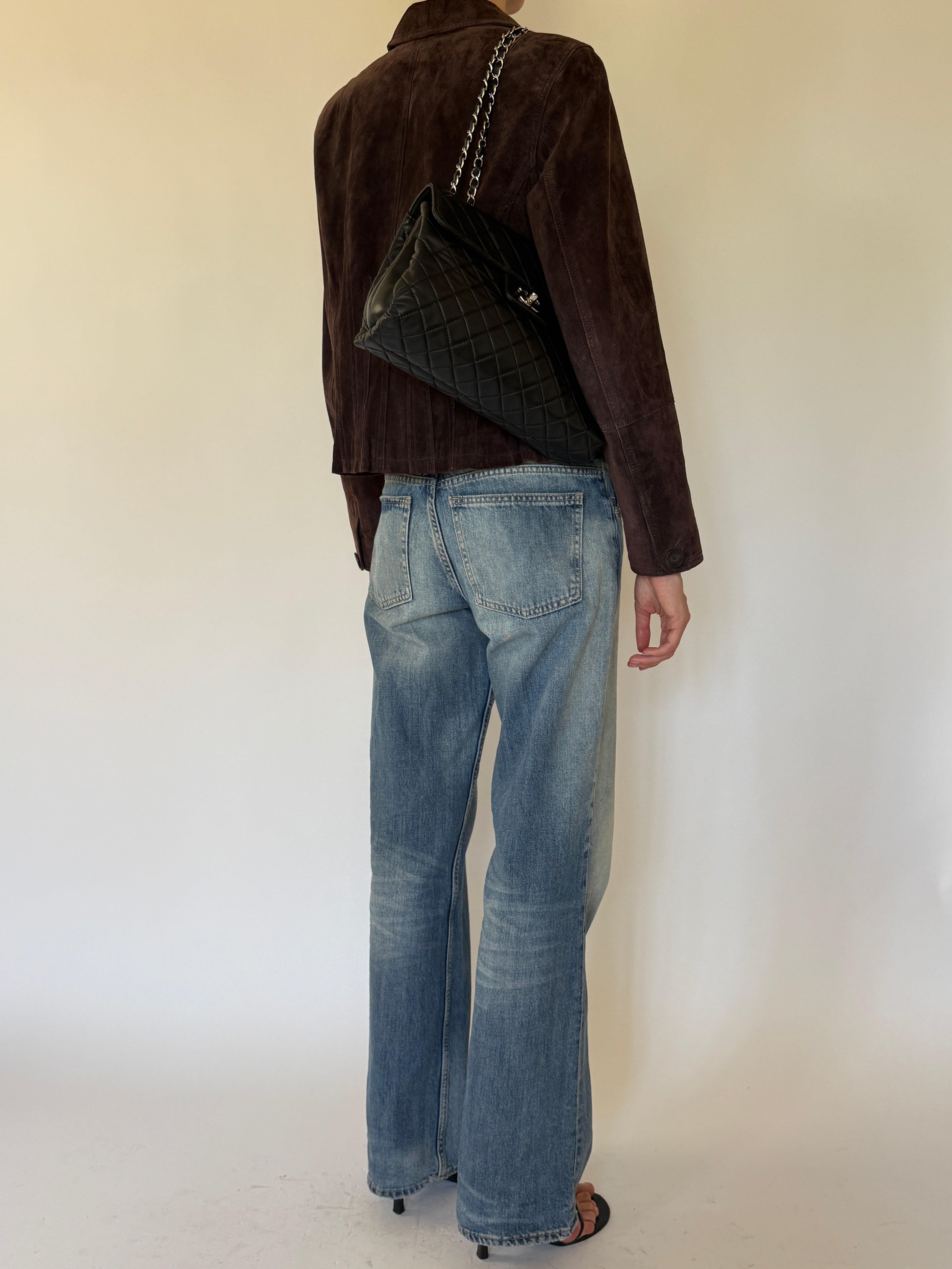 Vintage chocolate brown suede leather jacket back view