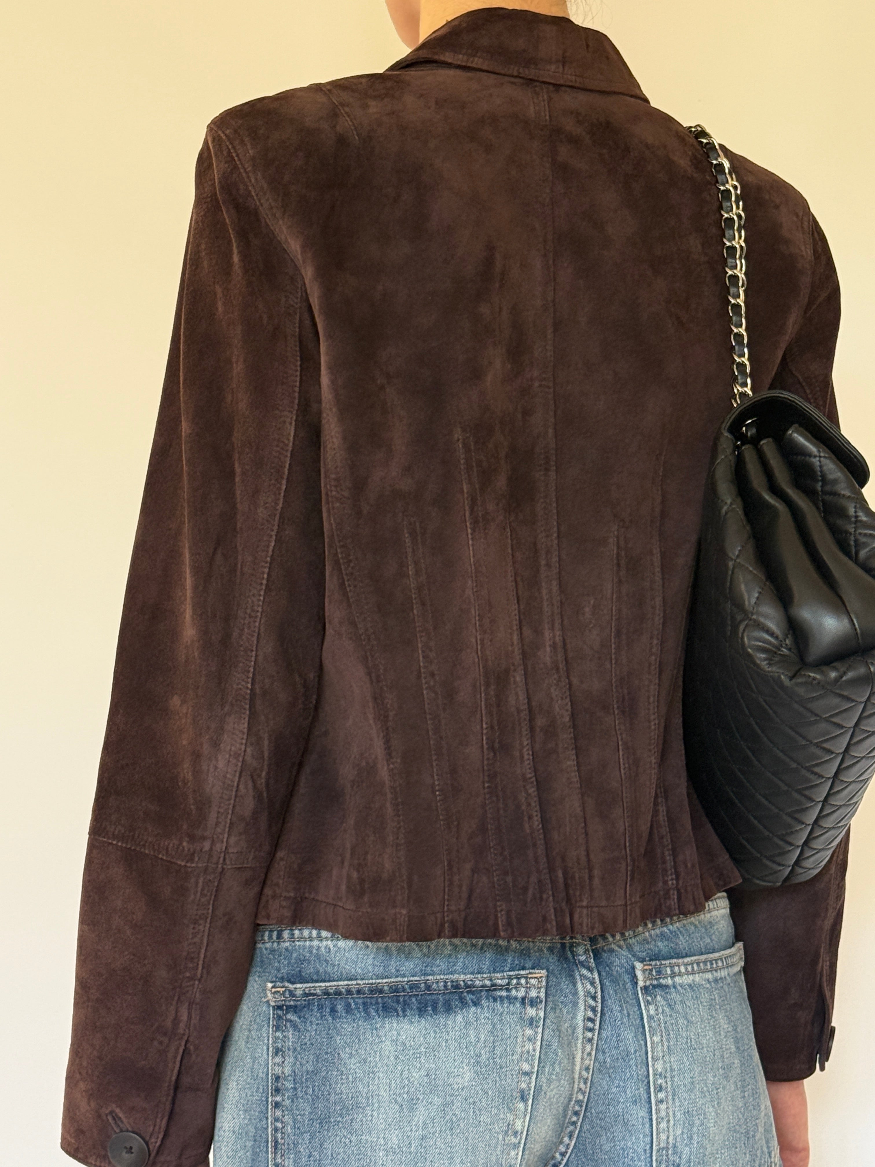 Vintage chocolate brown suede leather jacket back view