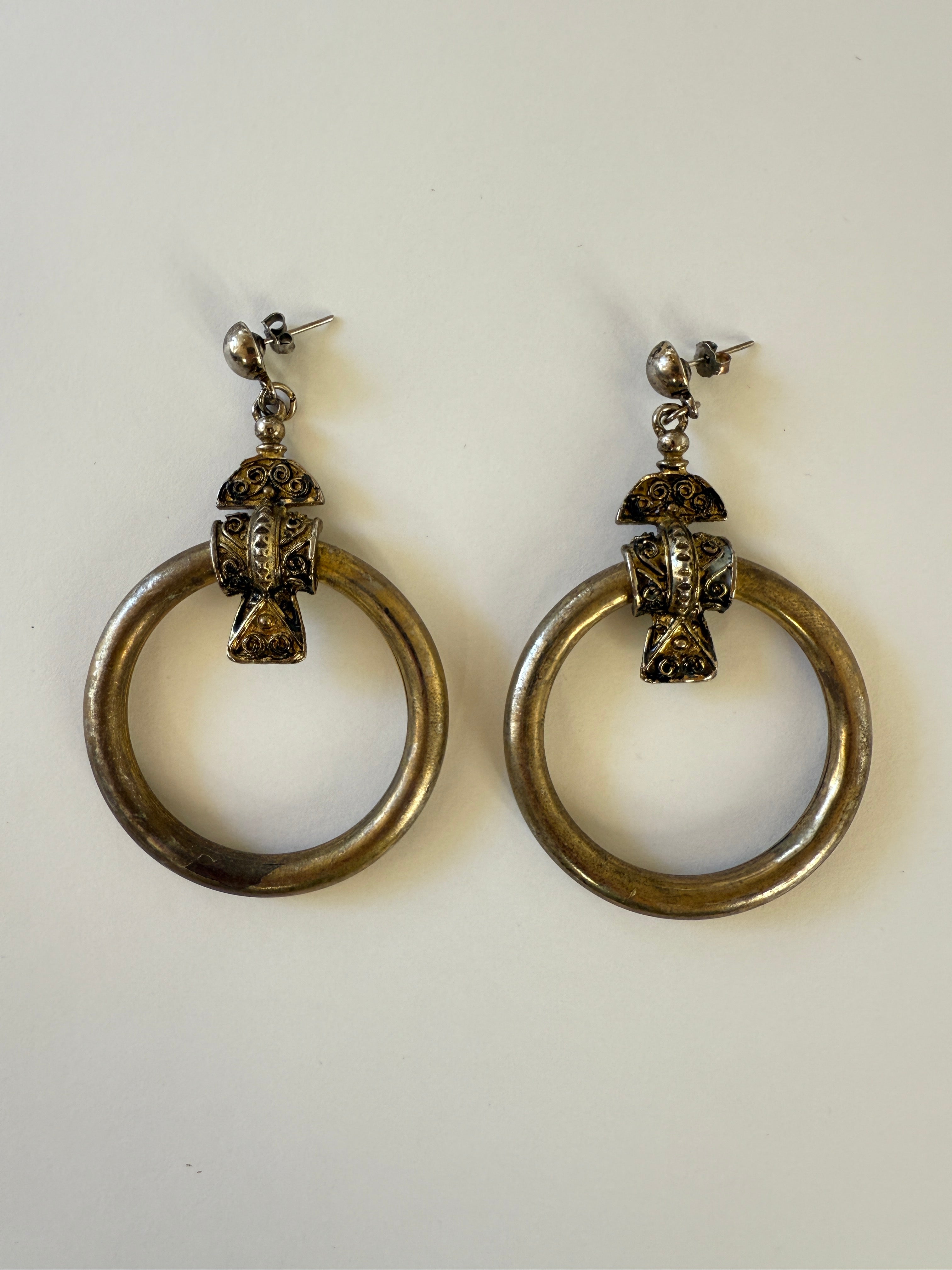 Vintage Ornate Brass Hoop dangle Earrings