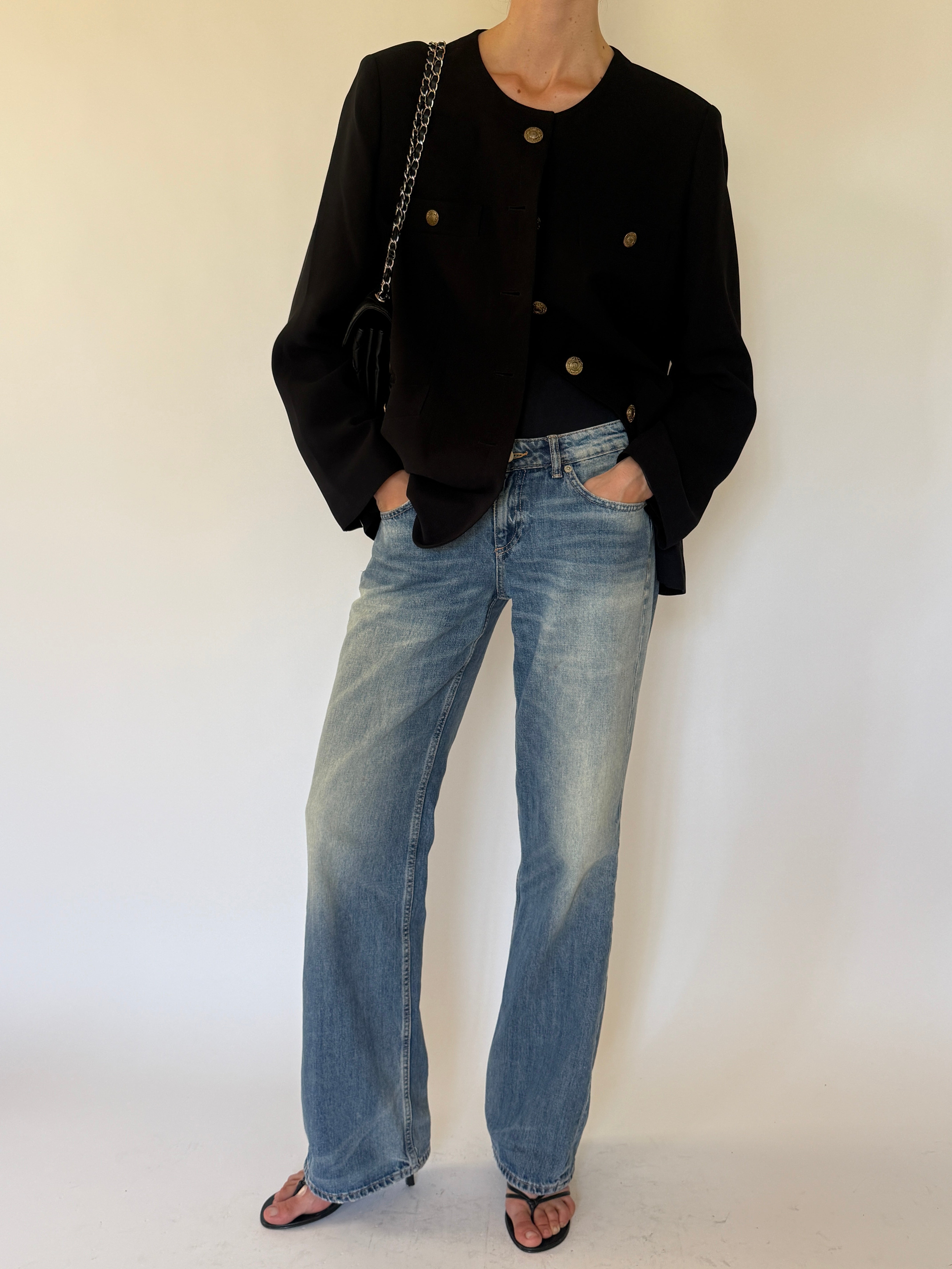 Vintage black gold button blazer front view