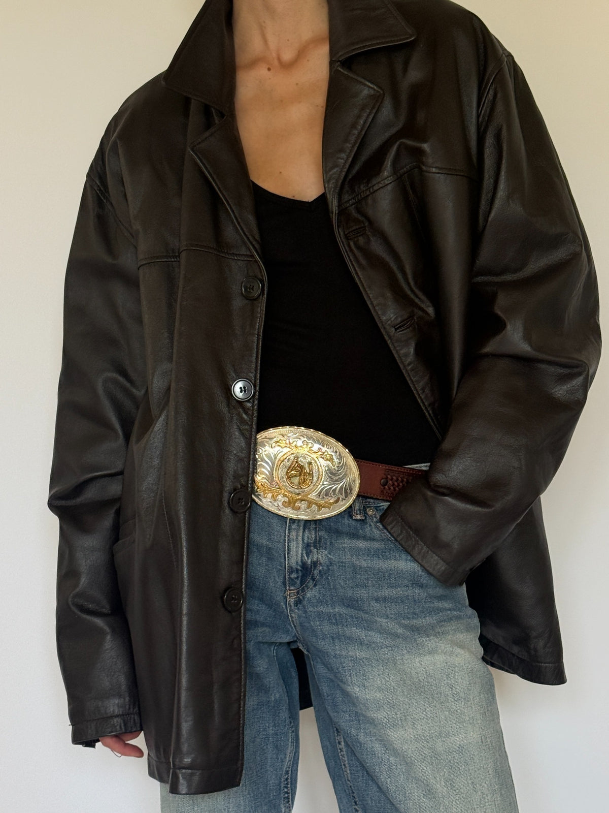 Vintage oversized dark brown leather jacket front view