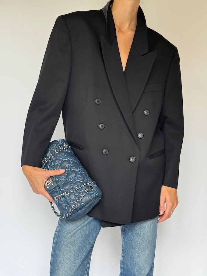 Vintage Double-Breasted Wool Blazer Black 6522