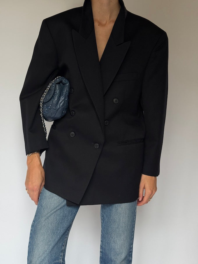 Vintage Double-Breasted Wool Blazer Black 6522