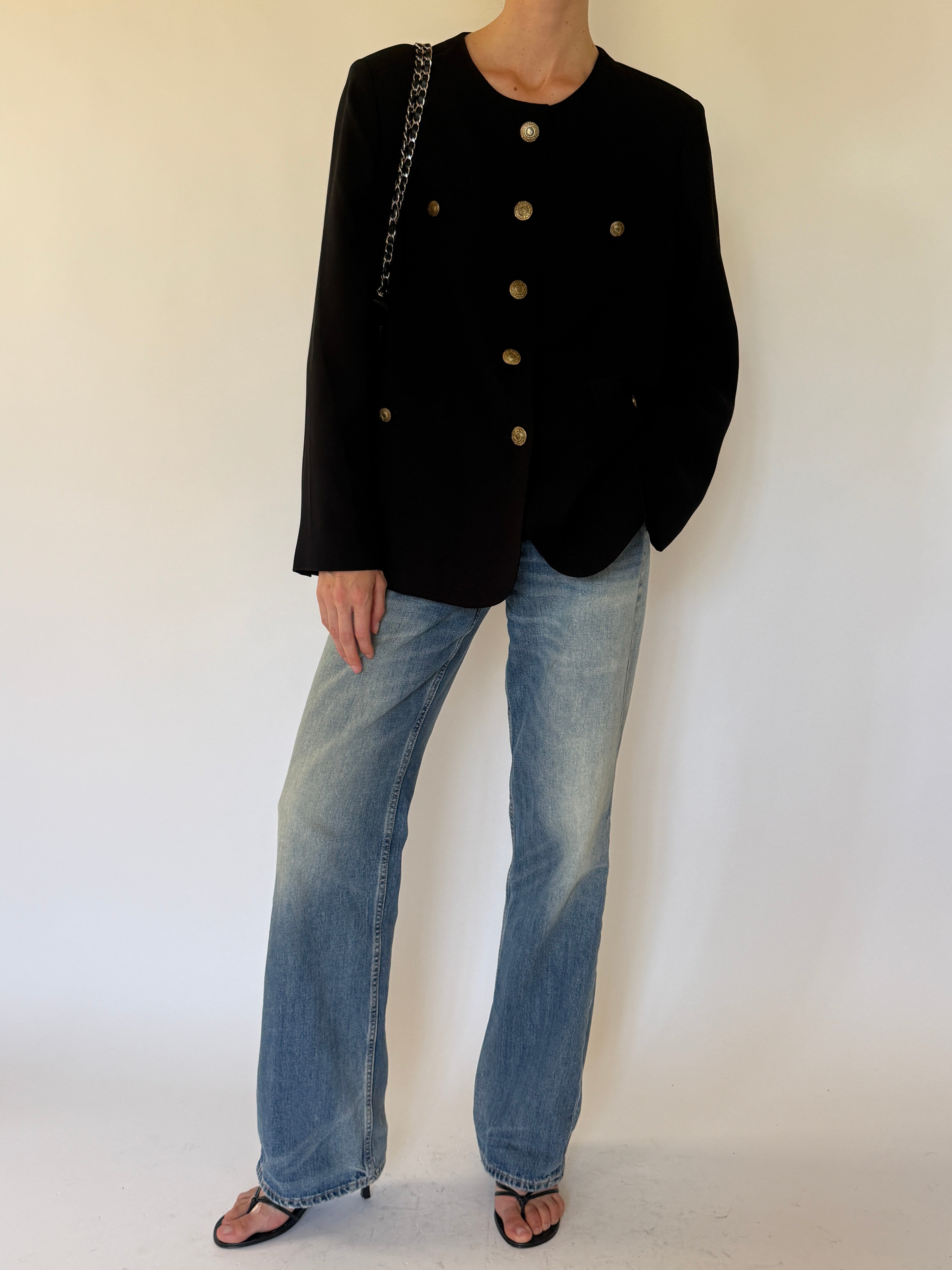 Vintage black gold button blazer front view