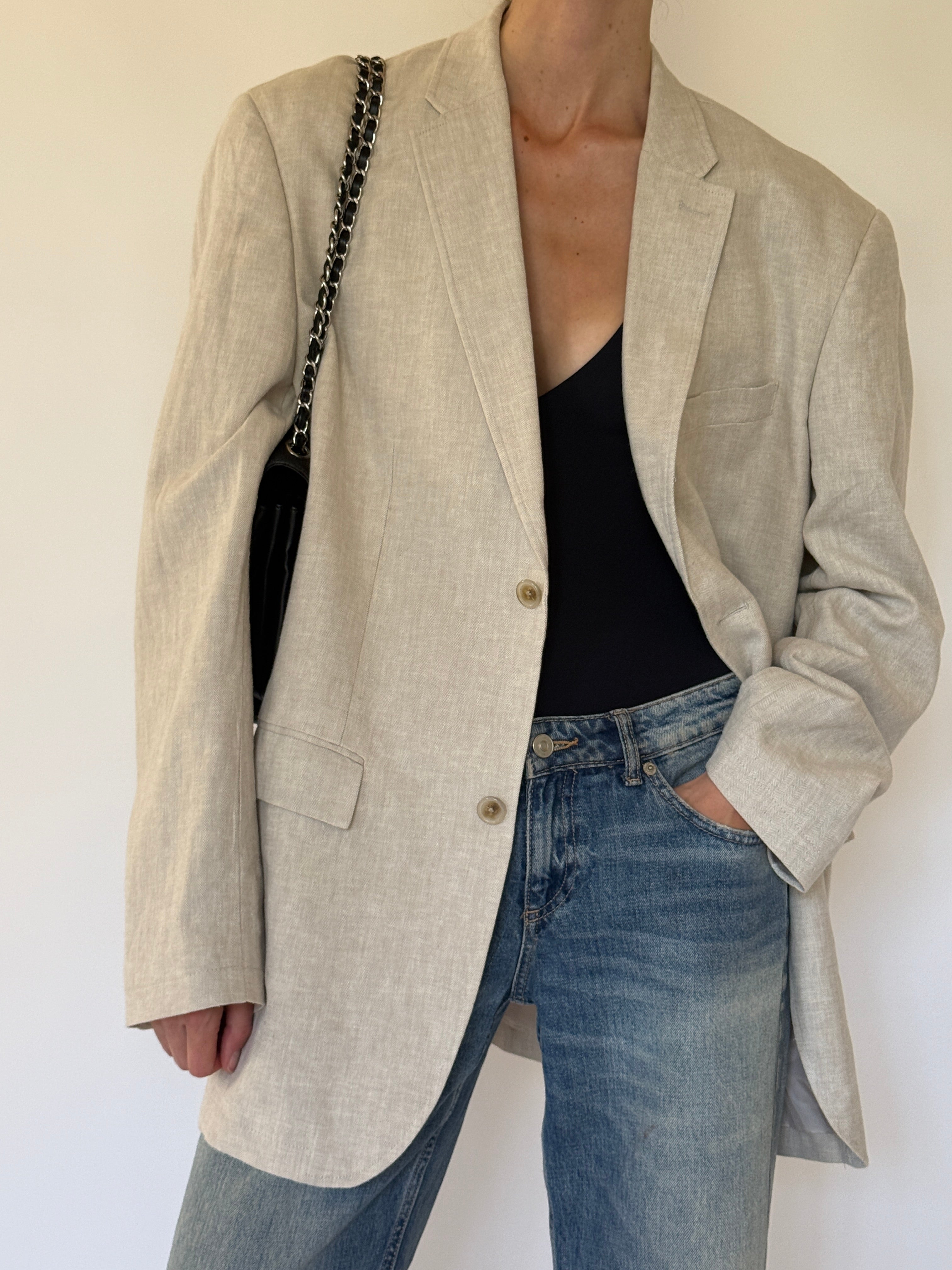 Vintage Linen & Cotton Oversized Blazer in Beige 6601