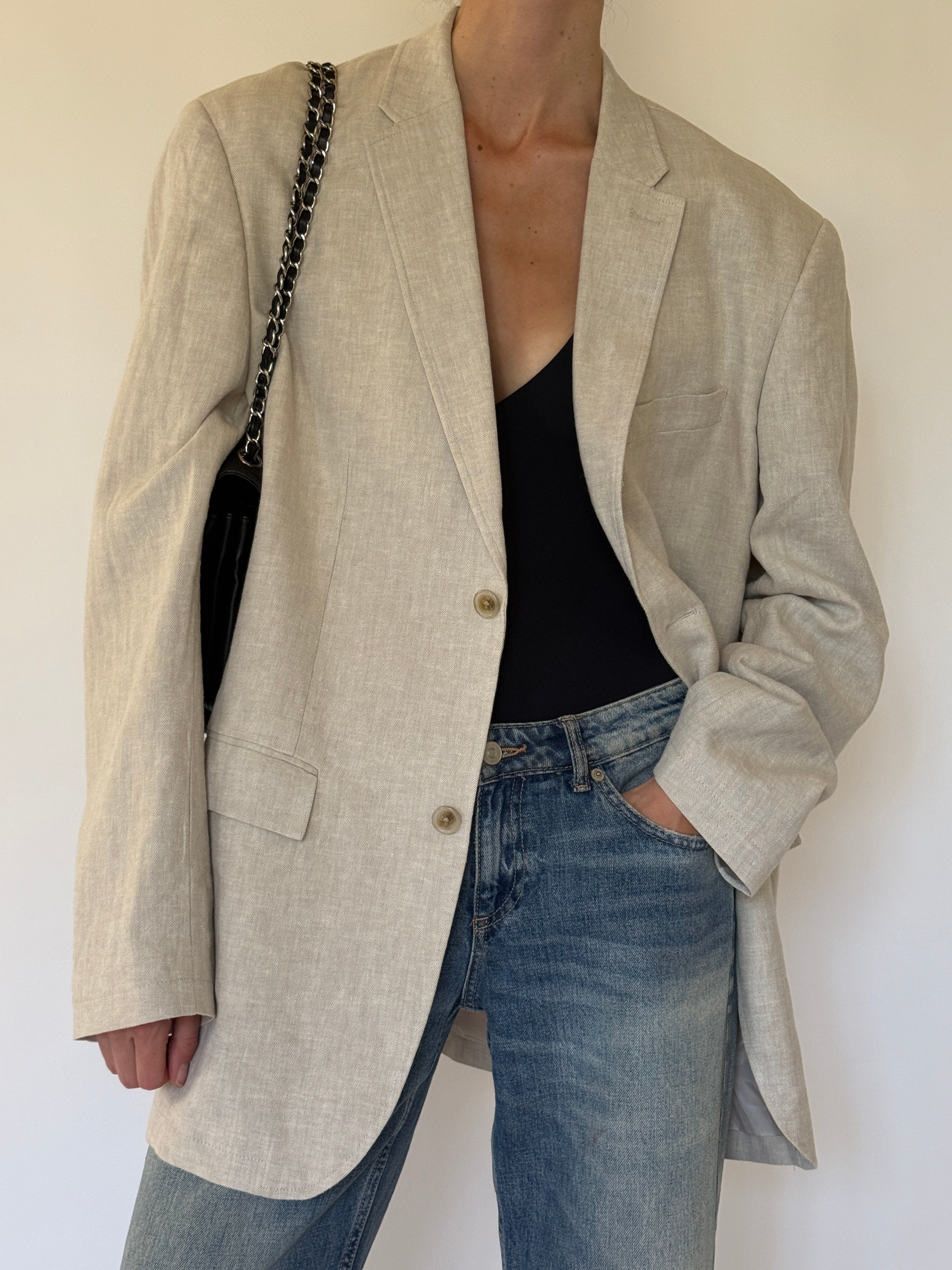 Vintage Linen & Cotton Oversized Blazer in Beige 6601