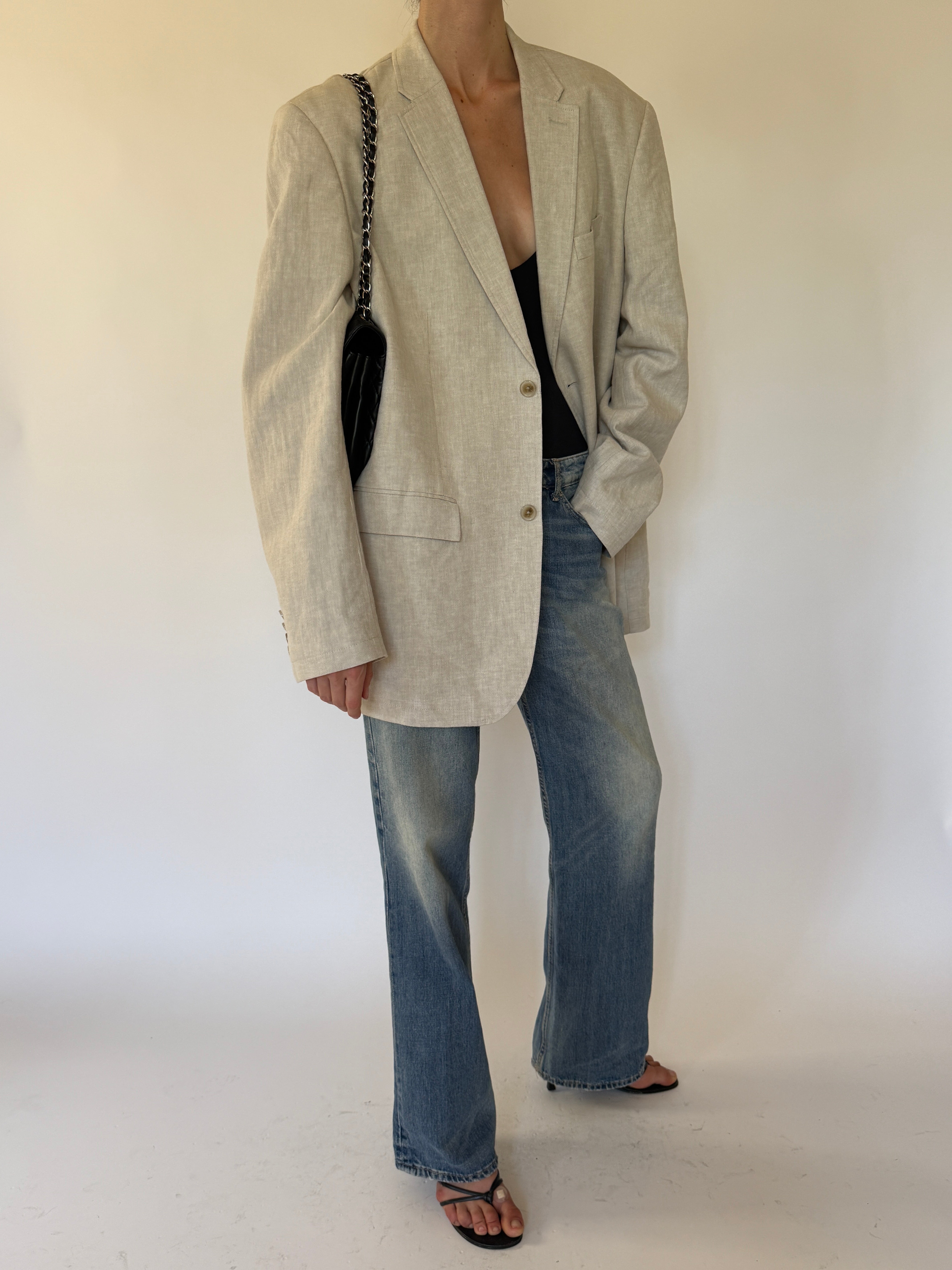 Vintage Linen & Cotton Oversized Blazer in Beige 6601