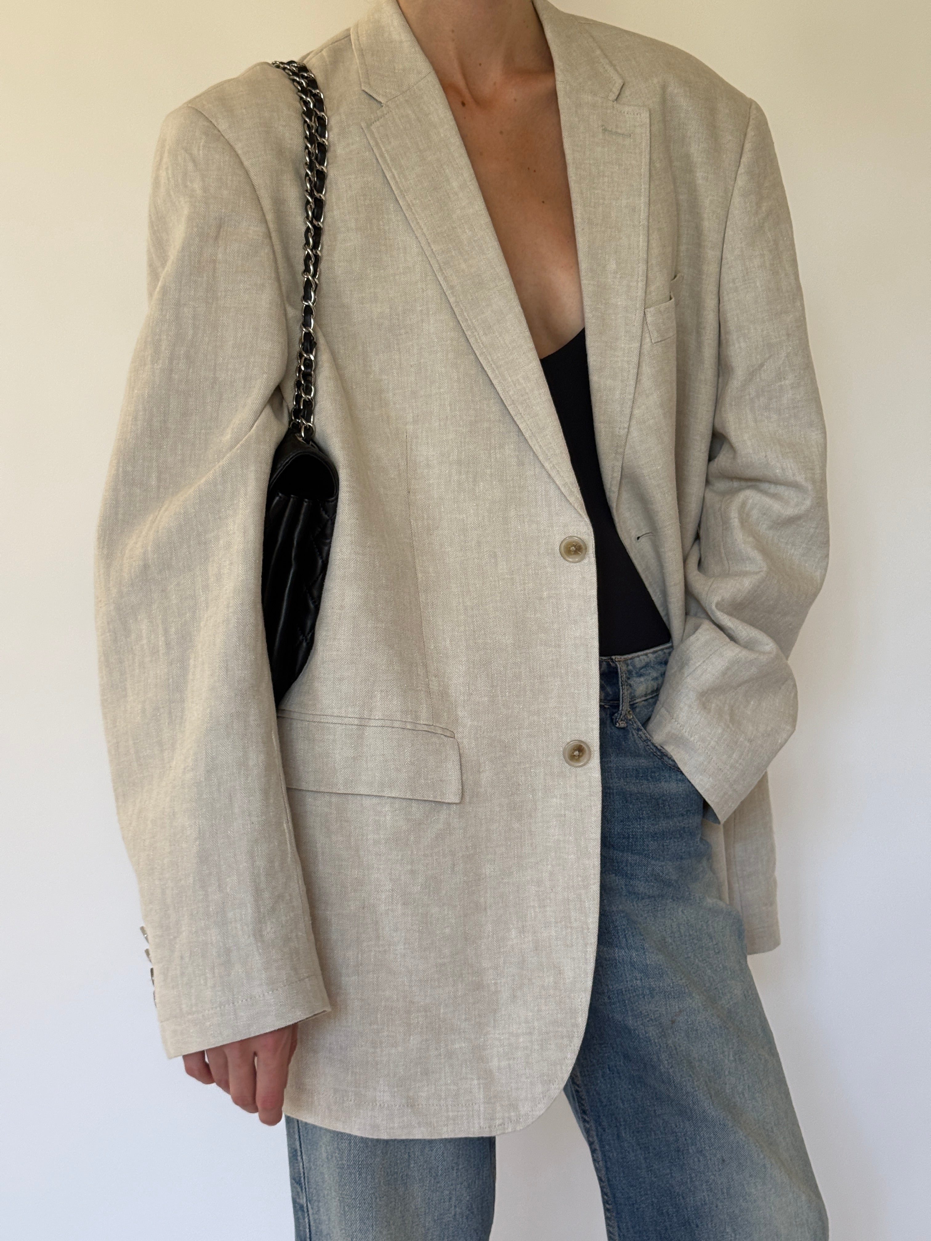 Vintage Linen & Cotton Oversized Blazer in Beige 6601