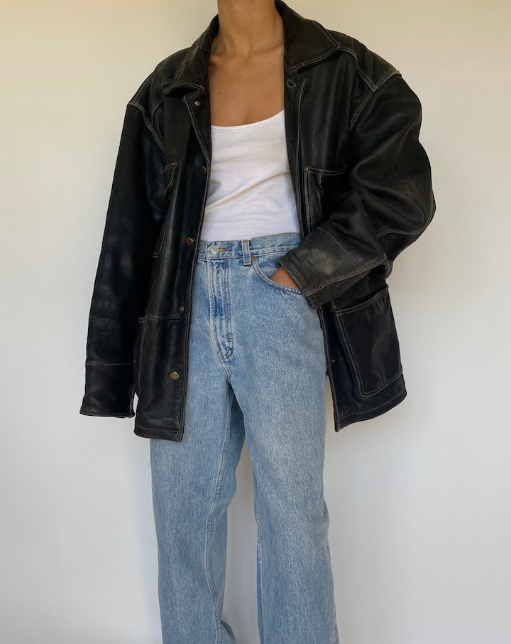 VINTAGE BLACK OVERSIZED LEATHER JACKET 3188