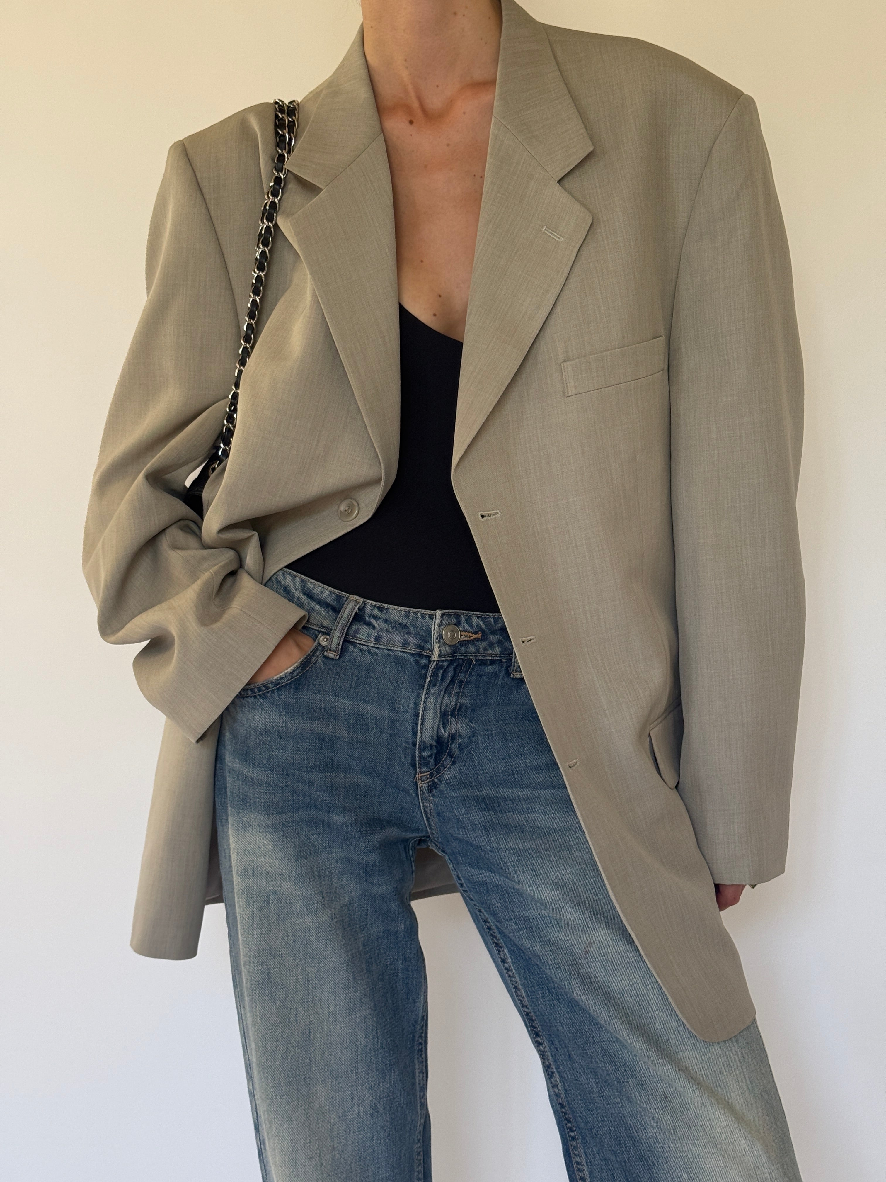 Vintage Oversized Single-Breasted Blazer Beige 7372