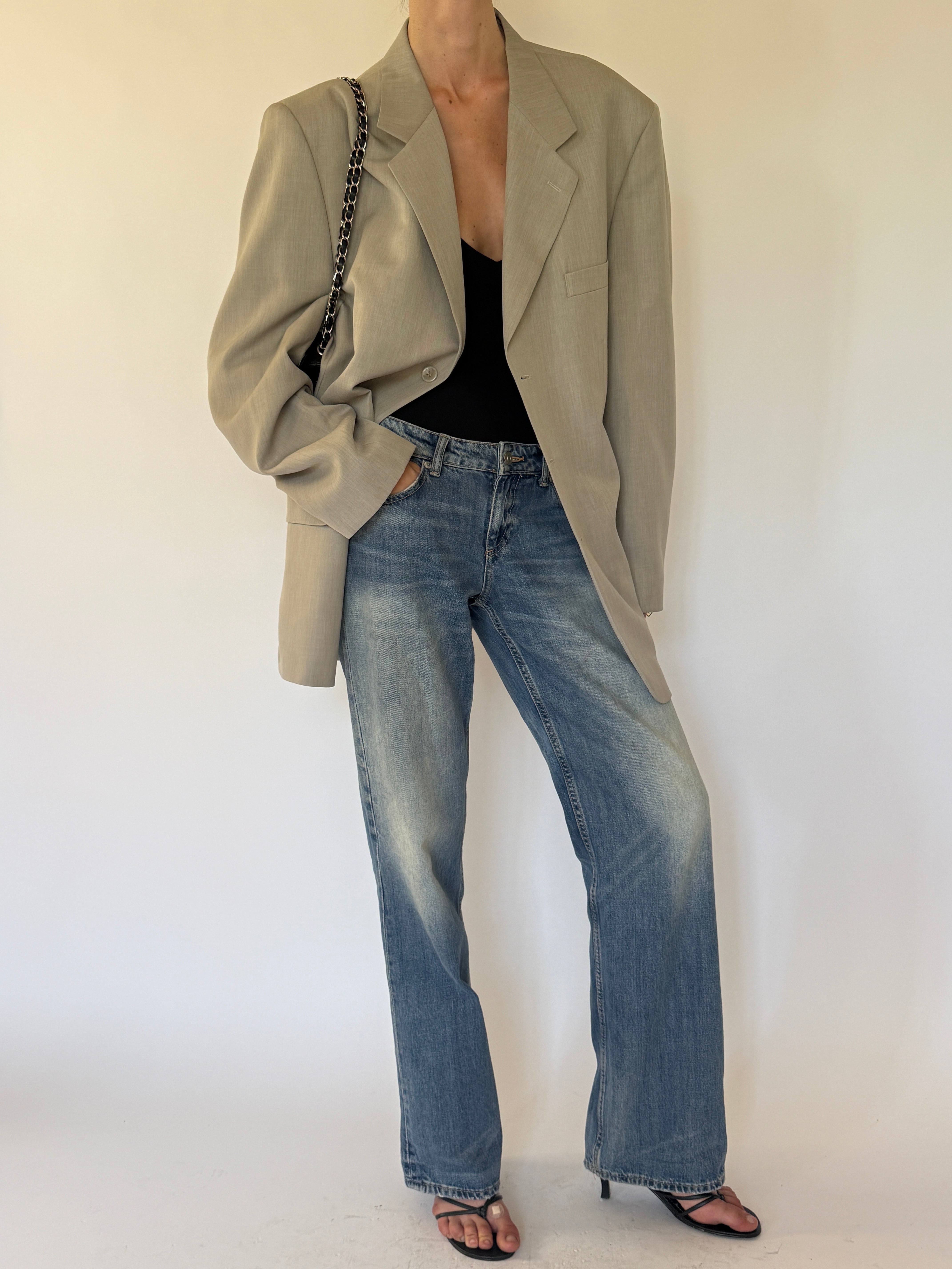 Vintage Oversized Single-Breasted Blazer Beige 7372