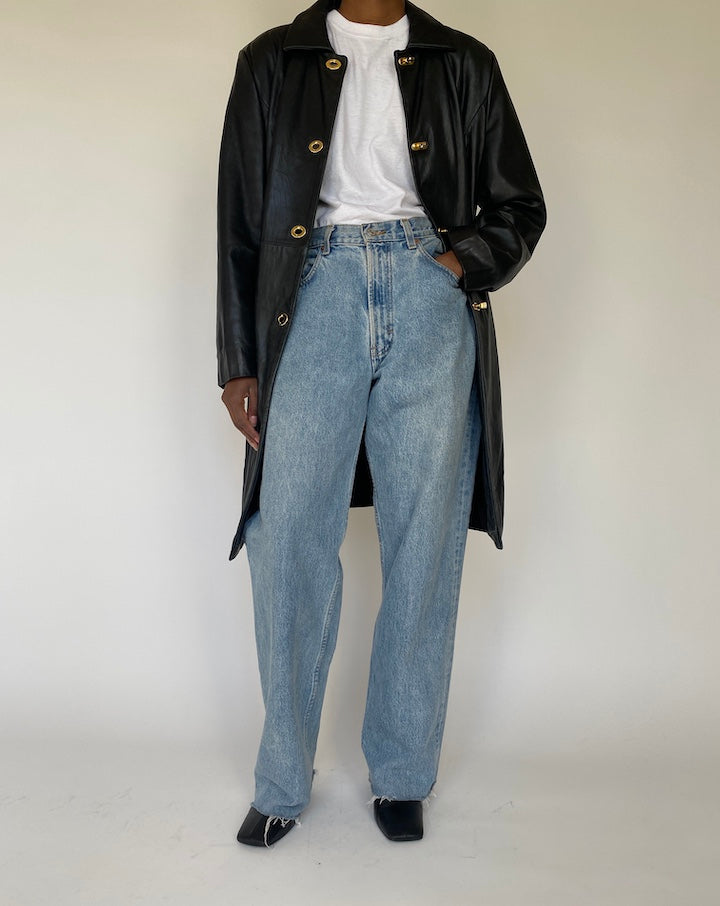 VINTAGE LONG BLACK LEATHER JACKET 4113