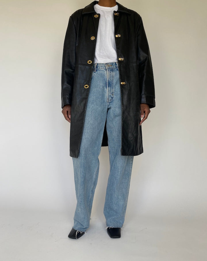 VINTAGE LONG BLACK LEATHER JACKET 4113