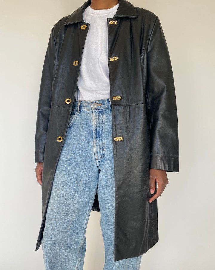 VINTAGE LONG BLACK LEATHER JACKET 4113