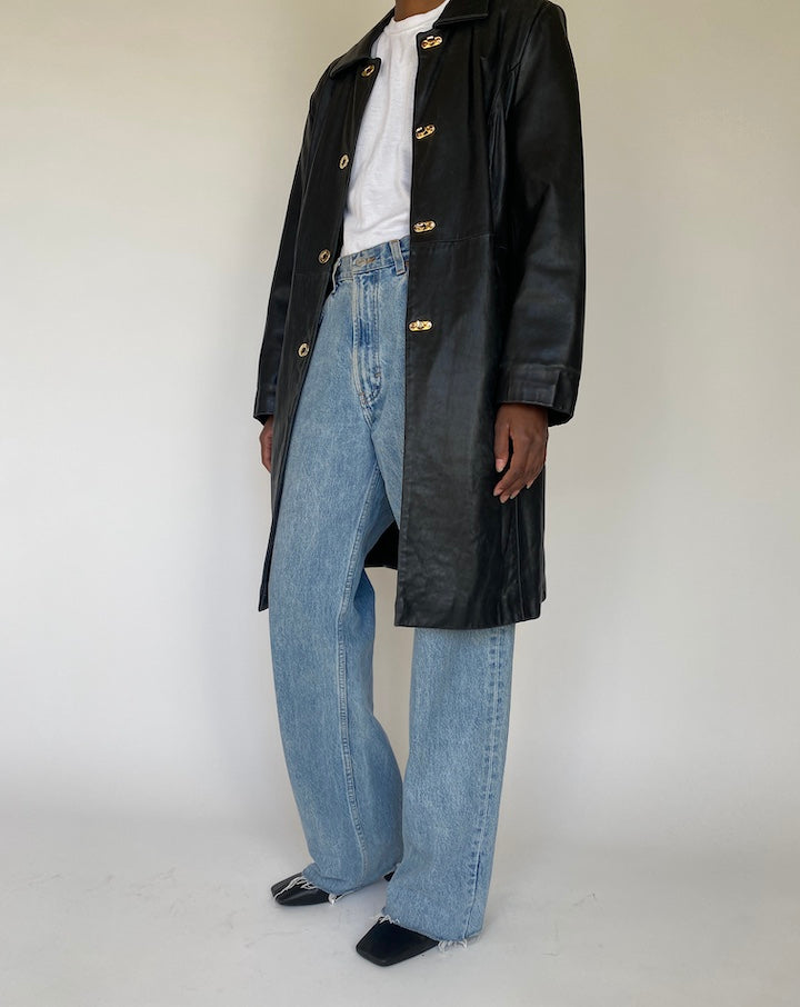 VINTAGE LONG BLACK LEATHER JACKET 4113