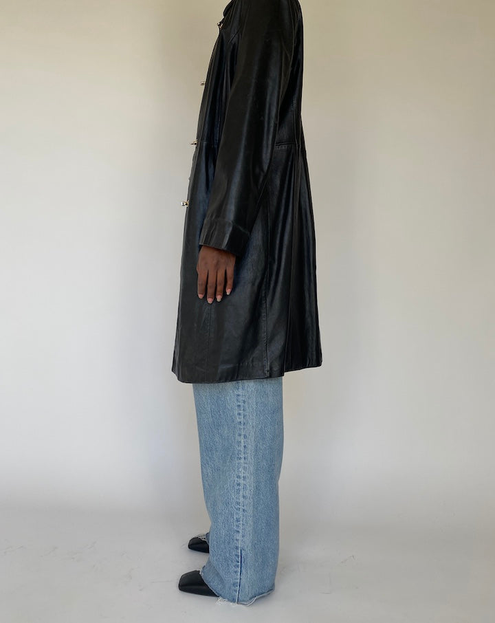 VINTAGE LONG BLACK LEATHER JACKET 4113