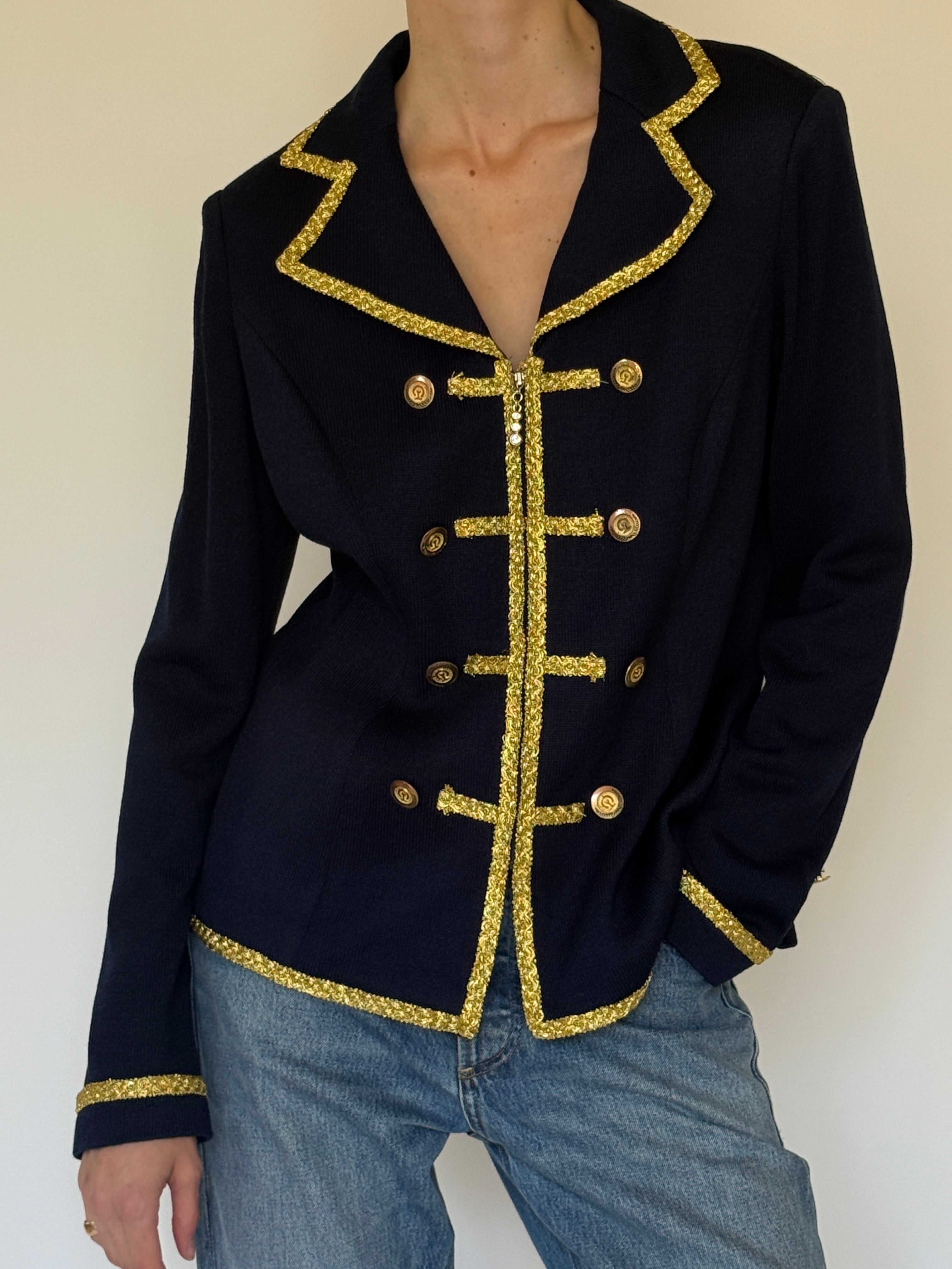 Vintage navy military-inspired knit cardigan front view