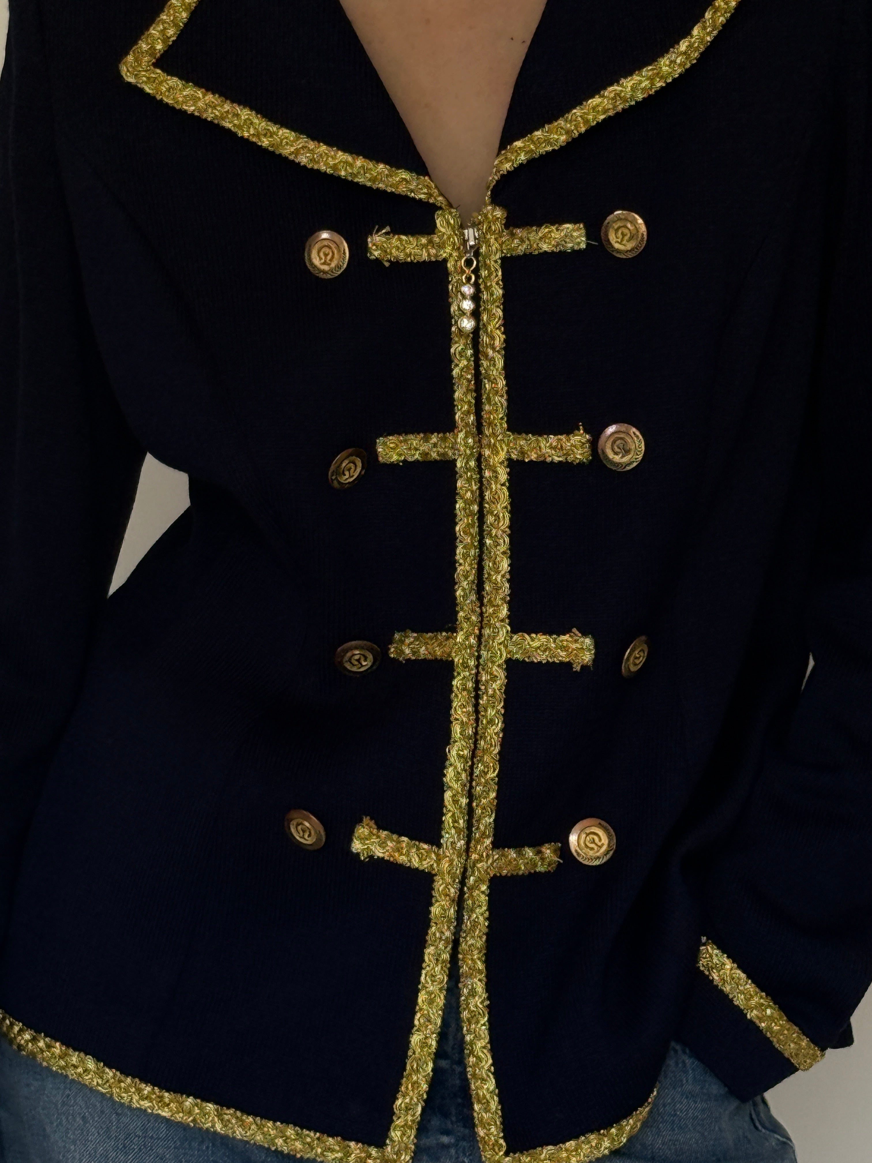 Vintage navy knit cardigan fabric close-up