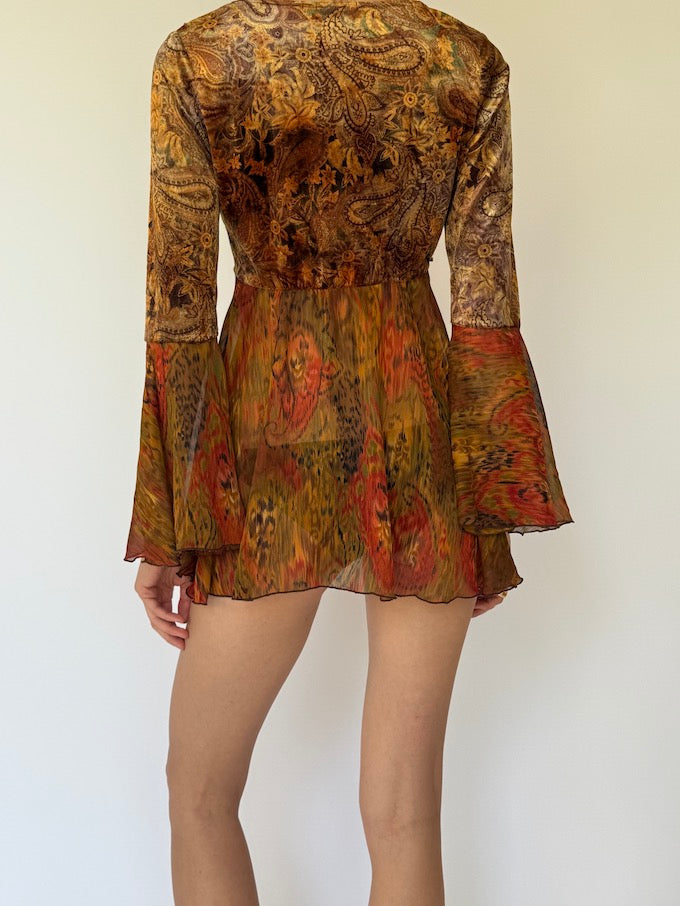 Vintage mini dress/top in earth-toned abstract print 5874