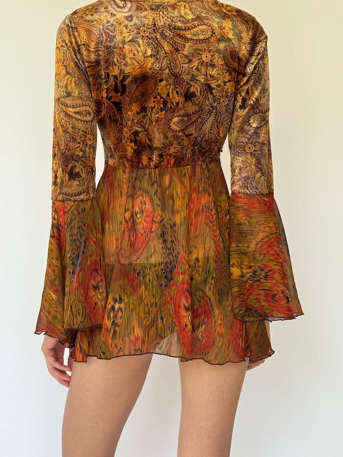 Vintage mini dress/top in earth-toned abstract print 5874