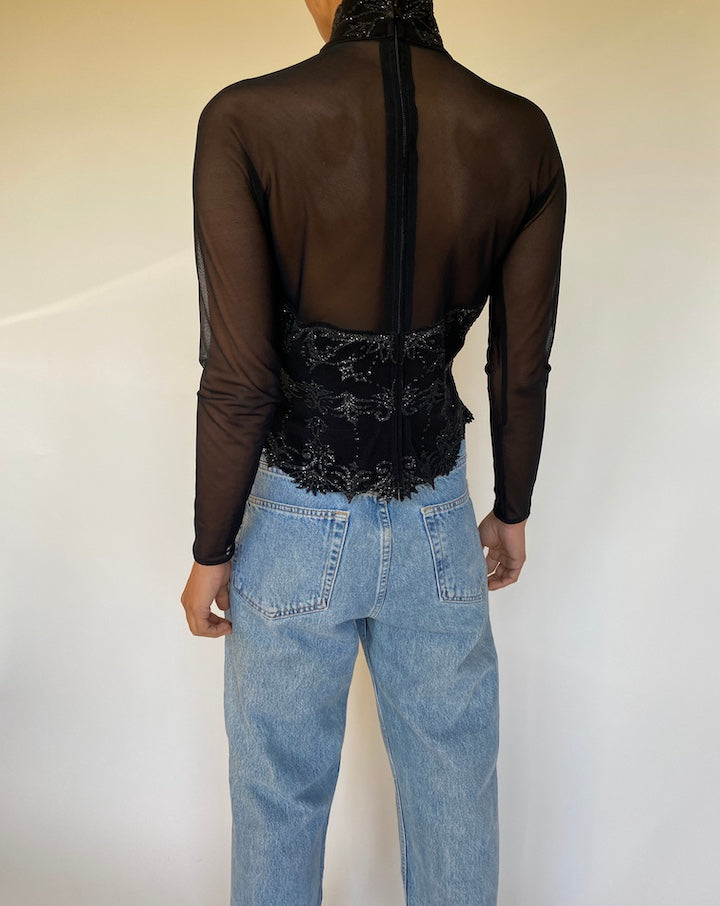 VINTAGE BLACK BEADED TOP 2673