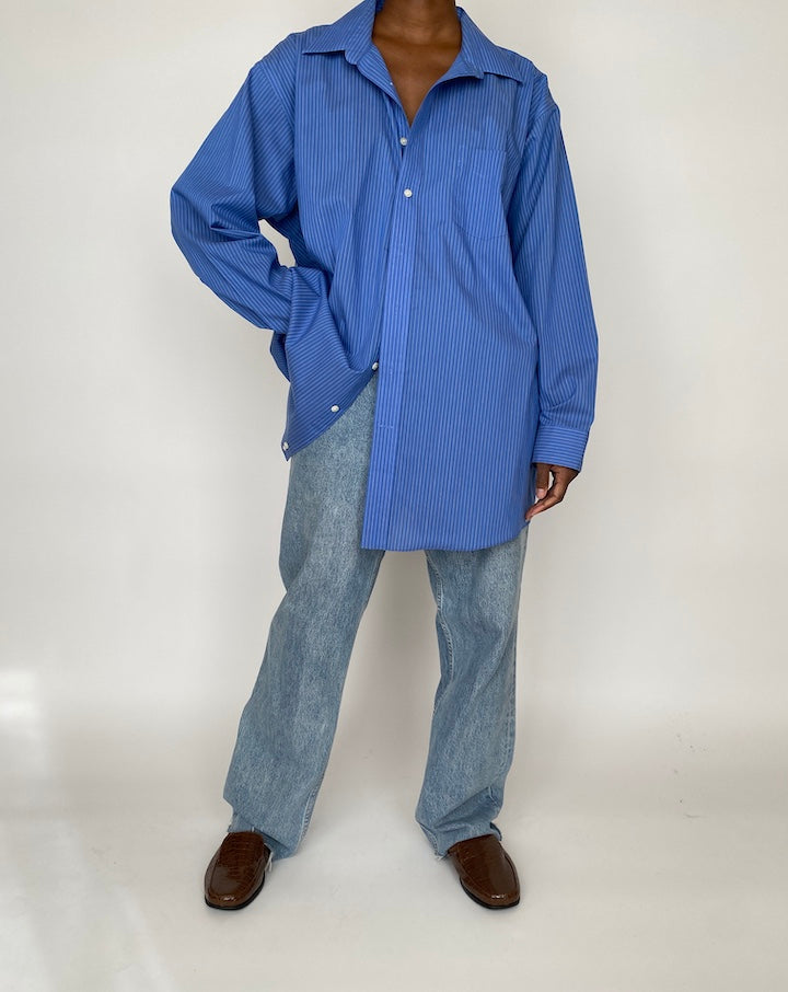 VINTAGE BLUE PINSTRIPED OVERSIZED BUTTON DOWN SHIRT 1997