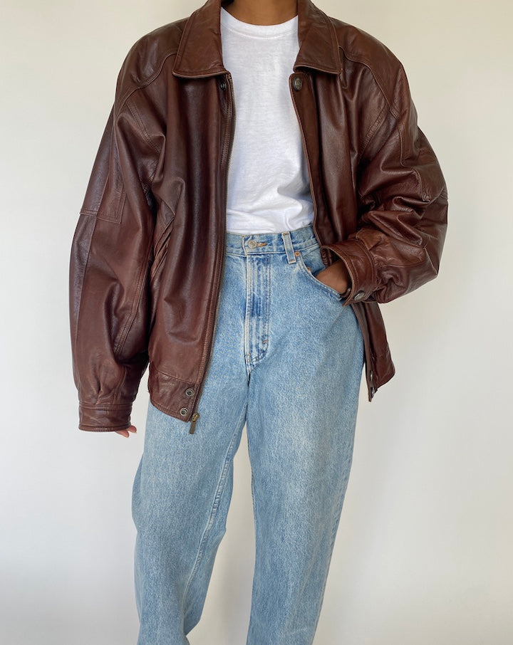 VINTAGE OVERSIZED BOXY BROWN LEATHER JACKET 4115