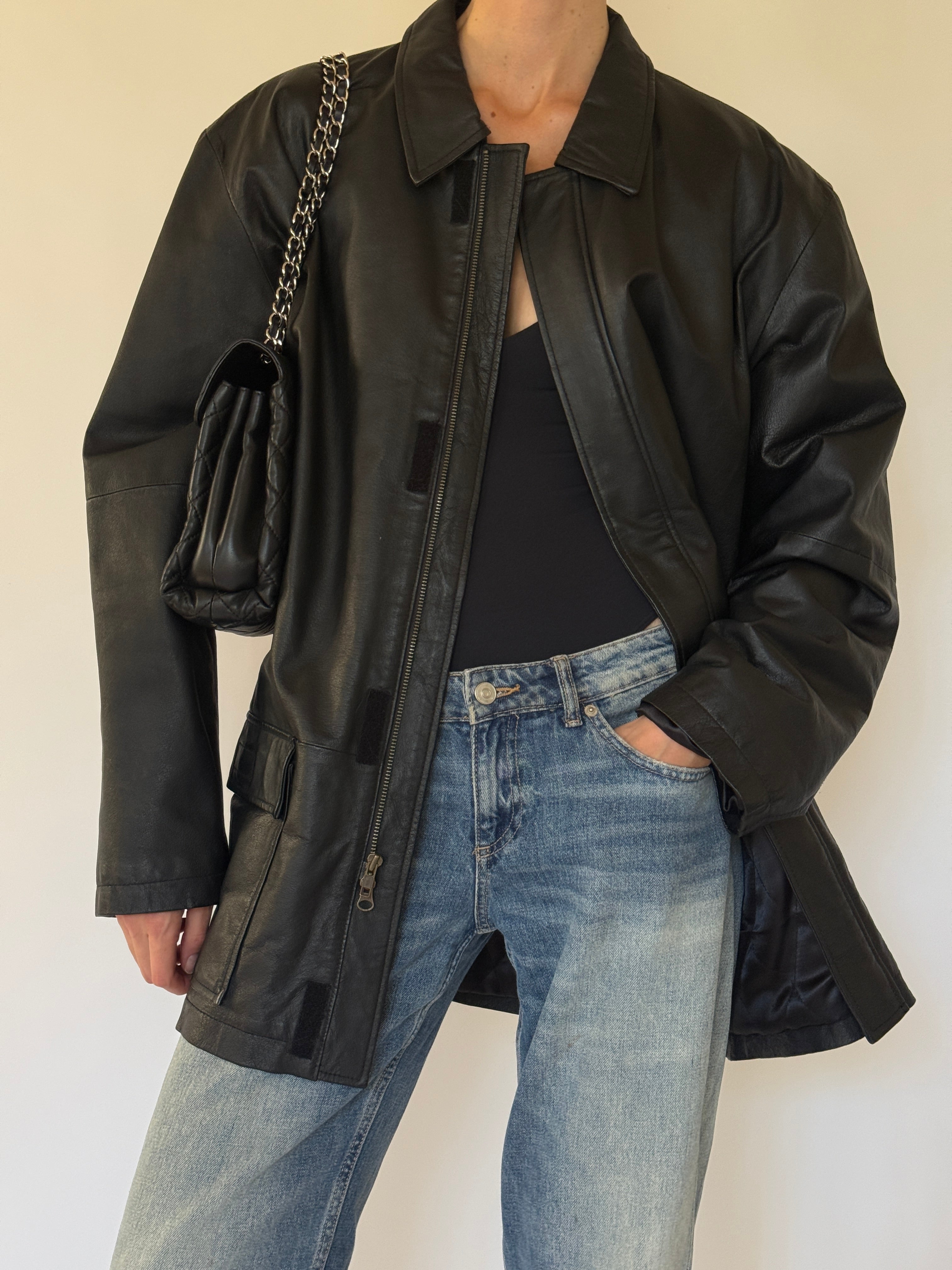 Vintage black leather jacket front view