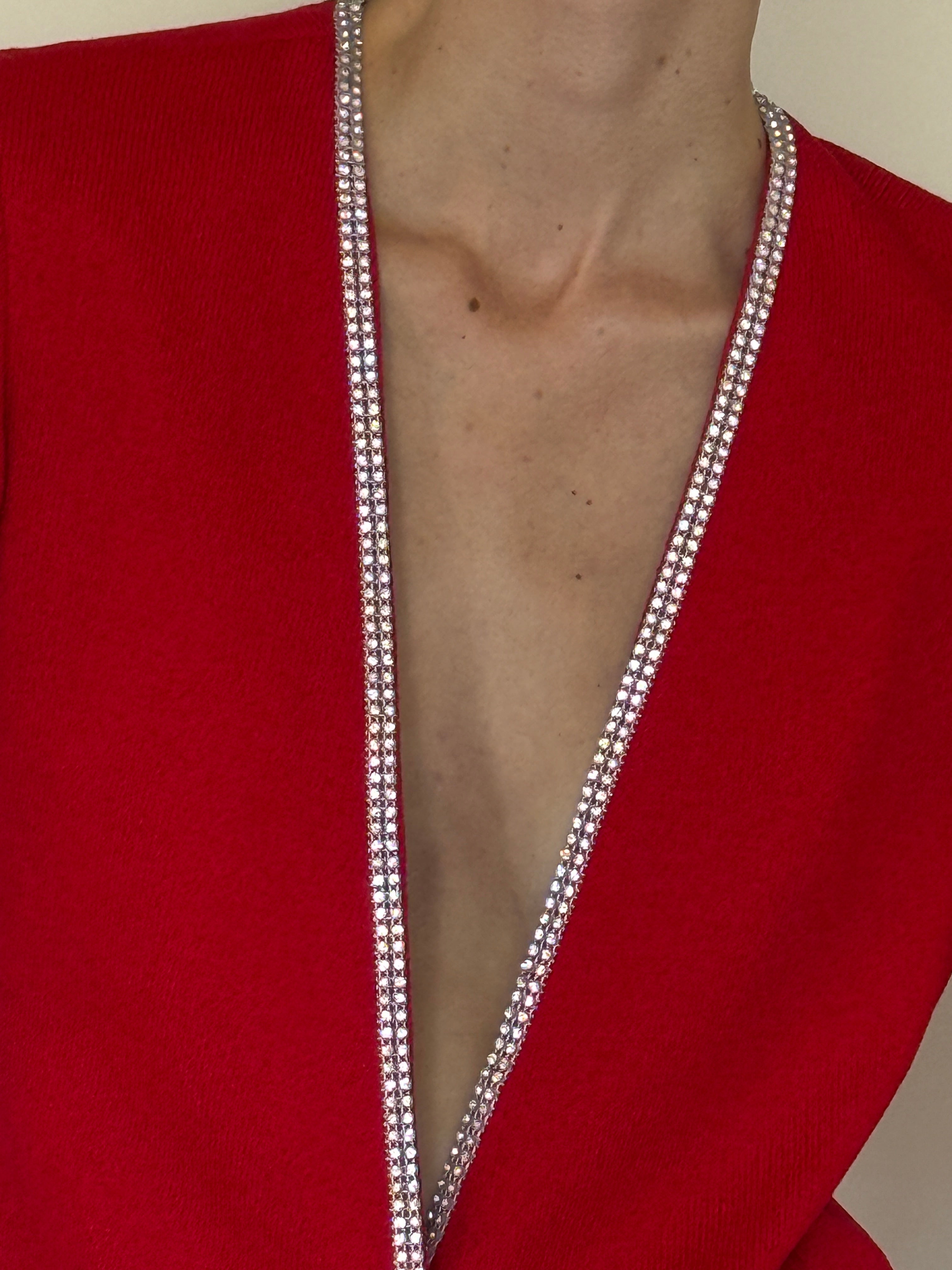 Vintage red cardigan rhinestone trim detail
