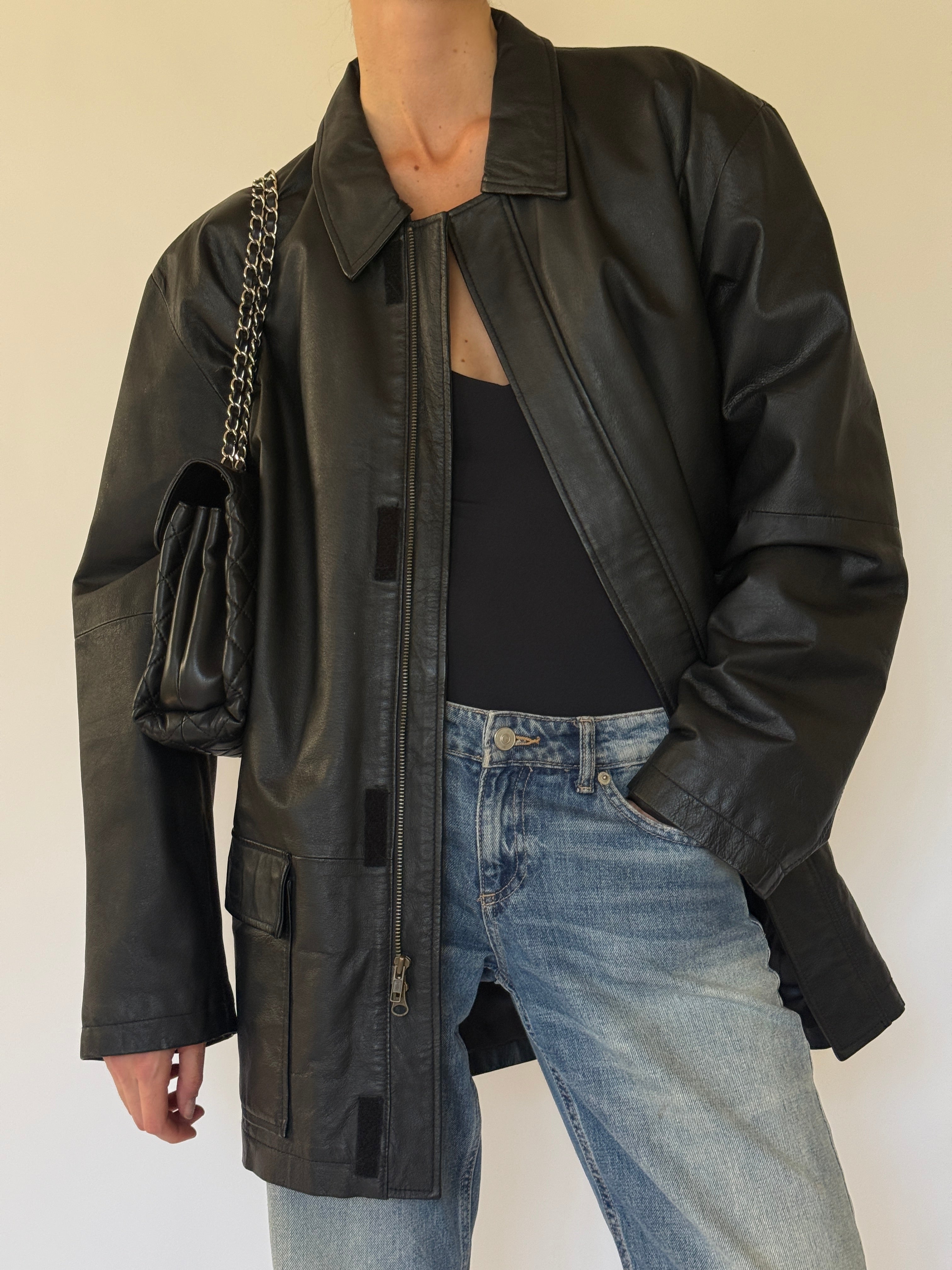 Vintage black leather collar close-up
