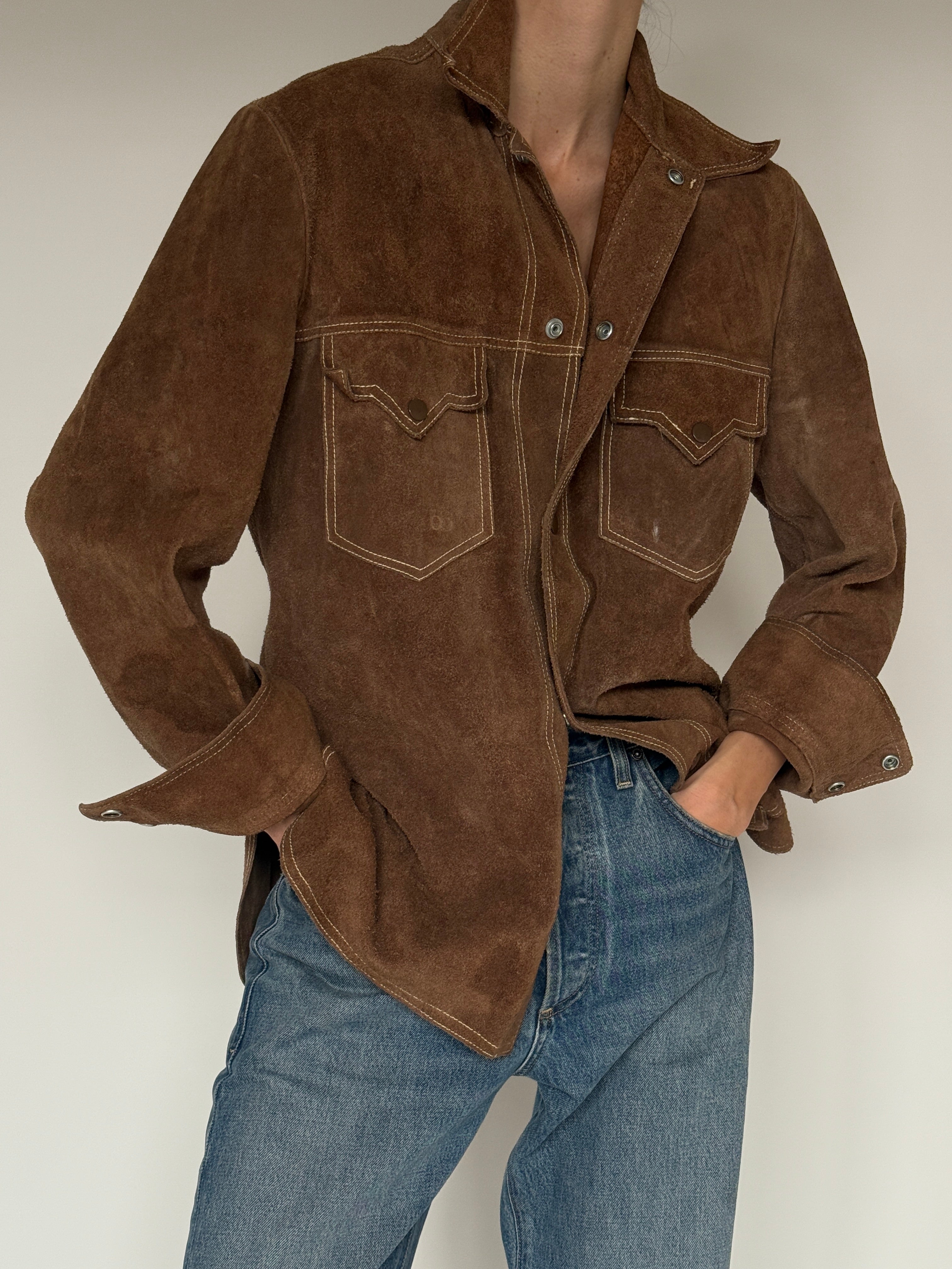Vintage brown suede western shirt jacket front view
