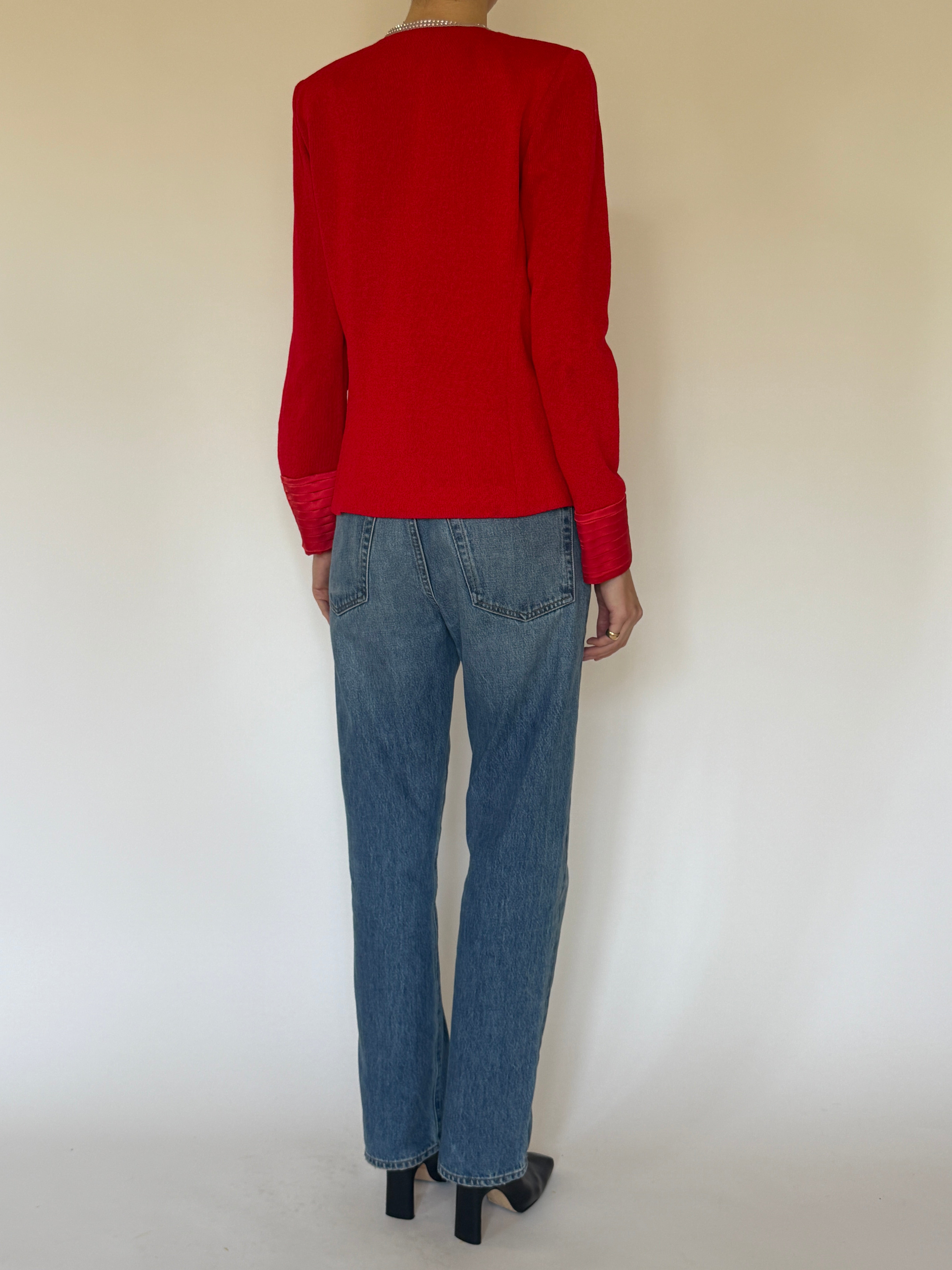 Vintage red rhinestone knit cardigan back view