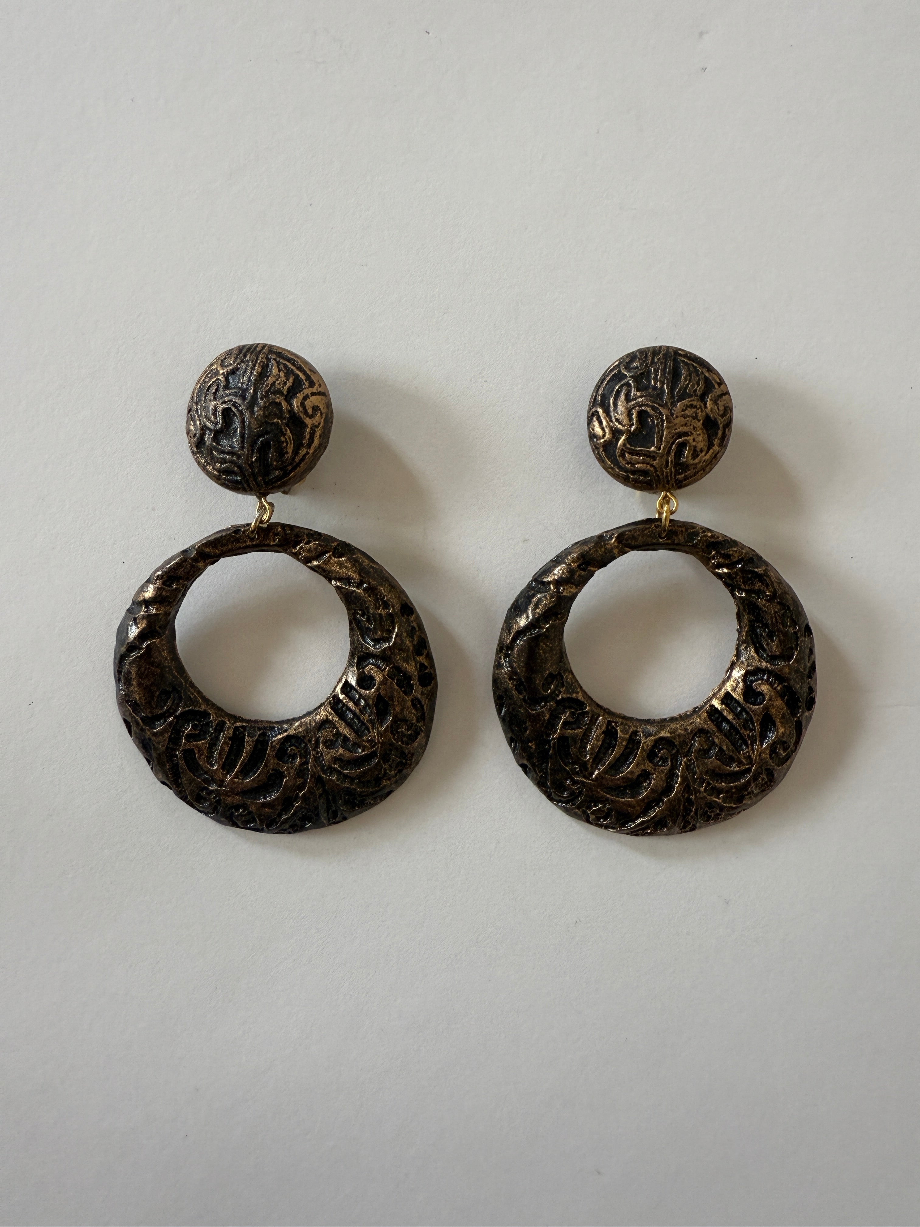 Vintage Antiqued Gold Embossed Hoop Clip-On Earrings