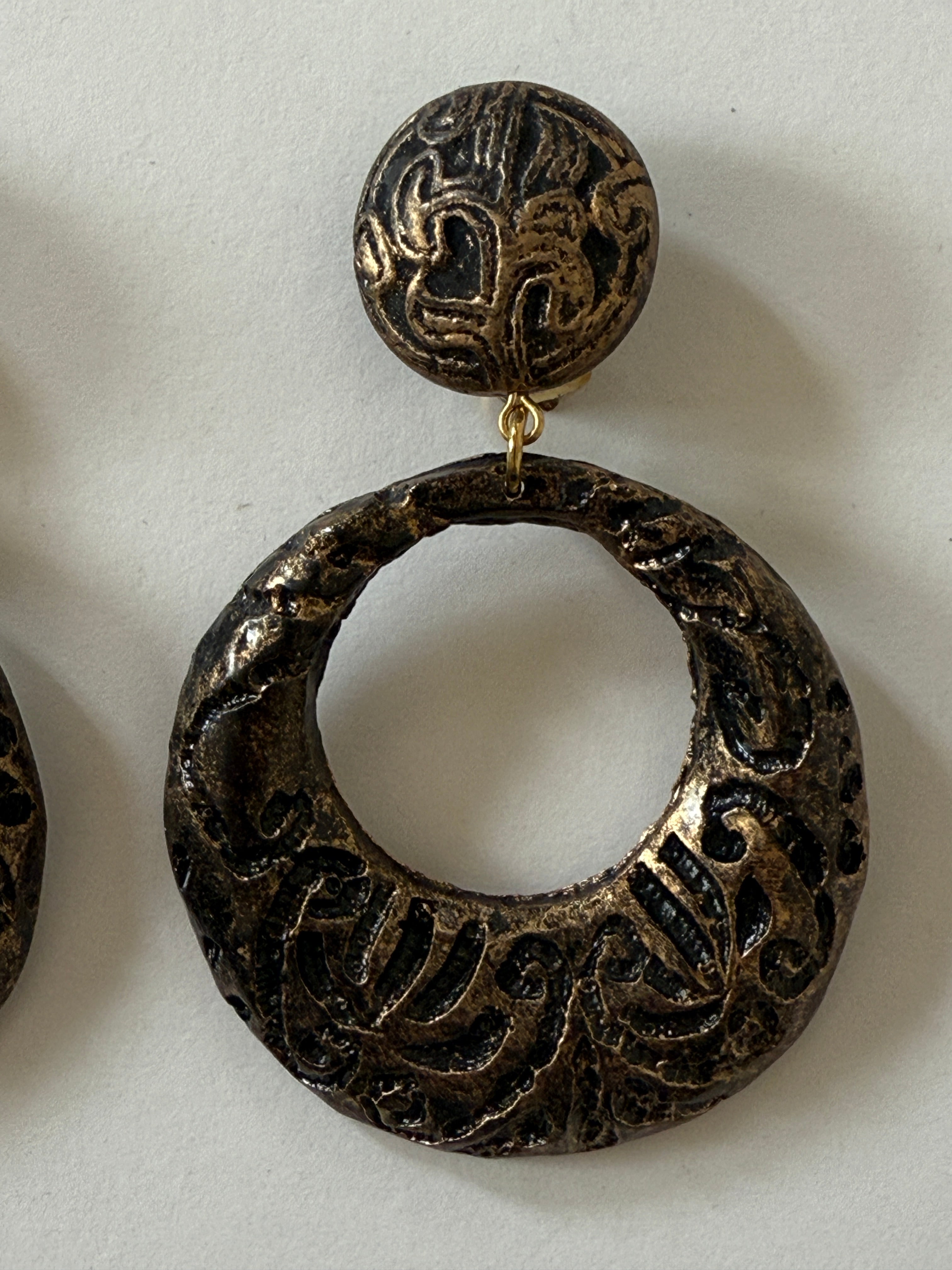 Vintage Antiqued Gold Embossed Hoop Clip-On Earrings
