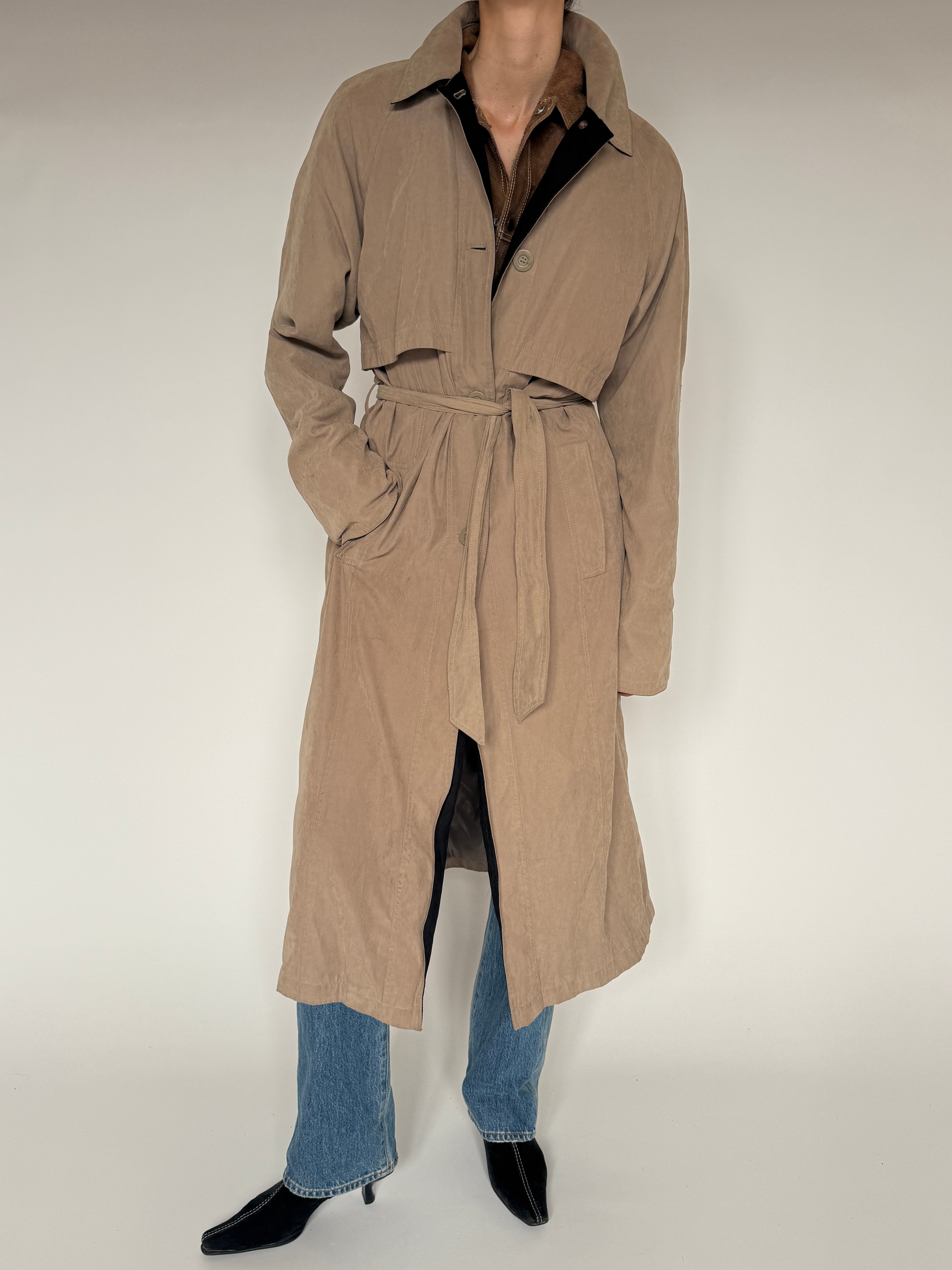 Vintage tan belted trench coat front view