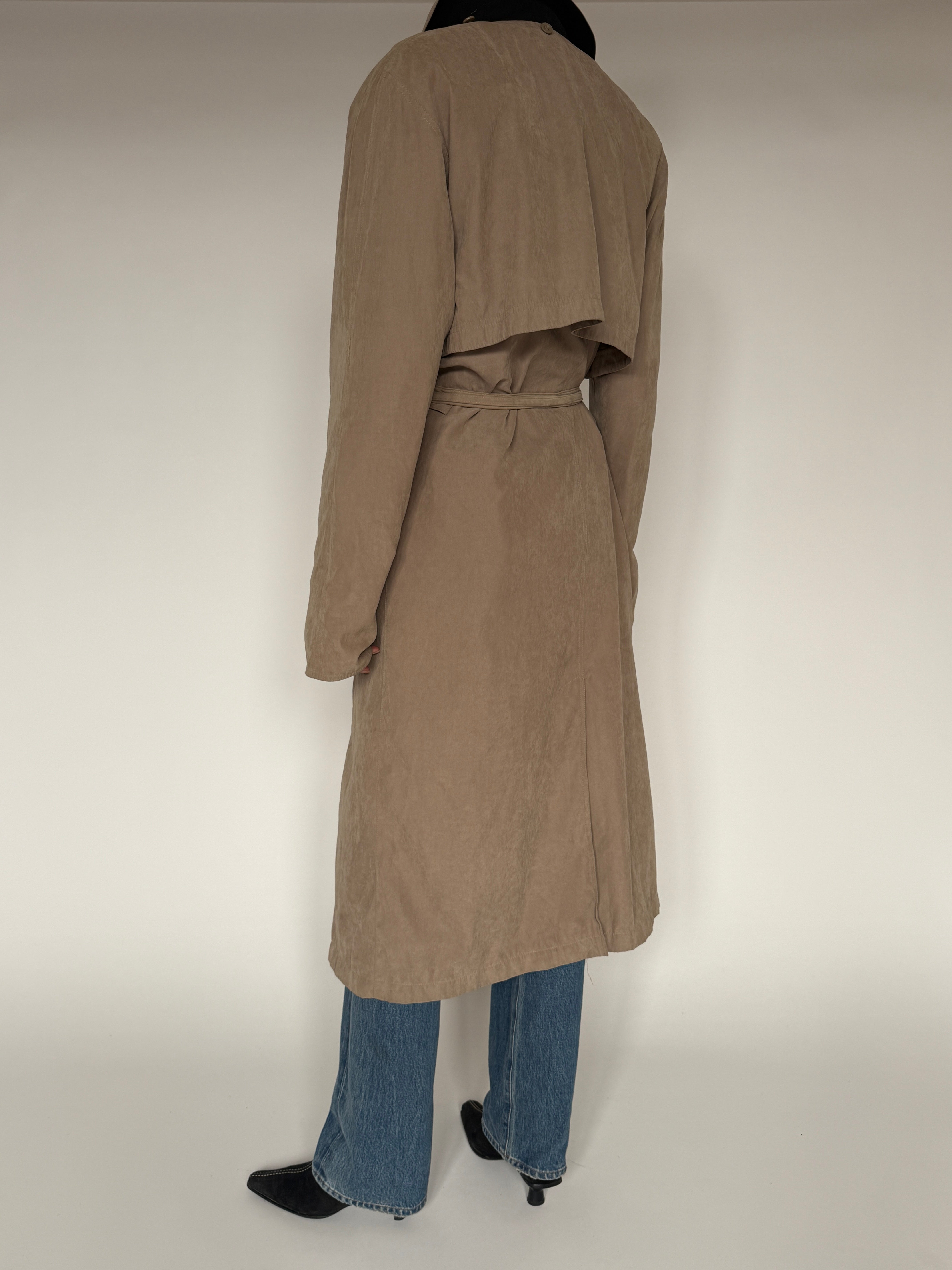 Vintage tan belted trench coat back view