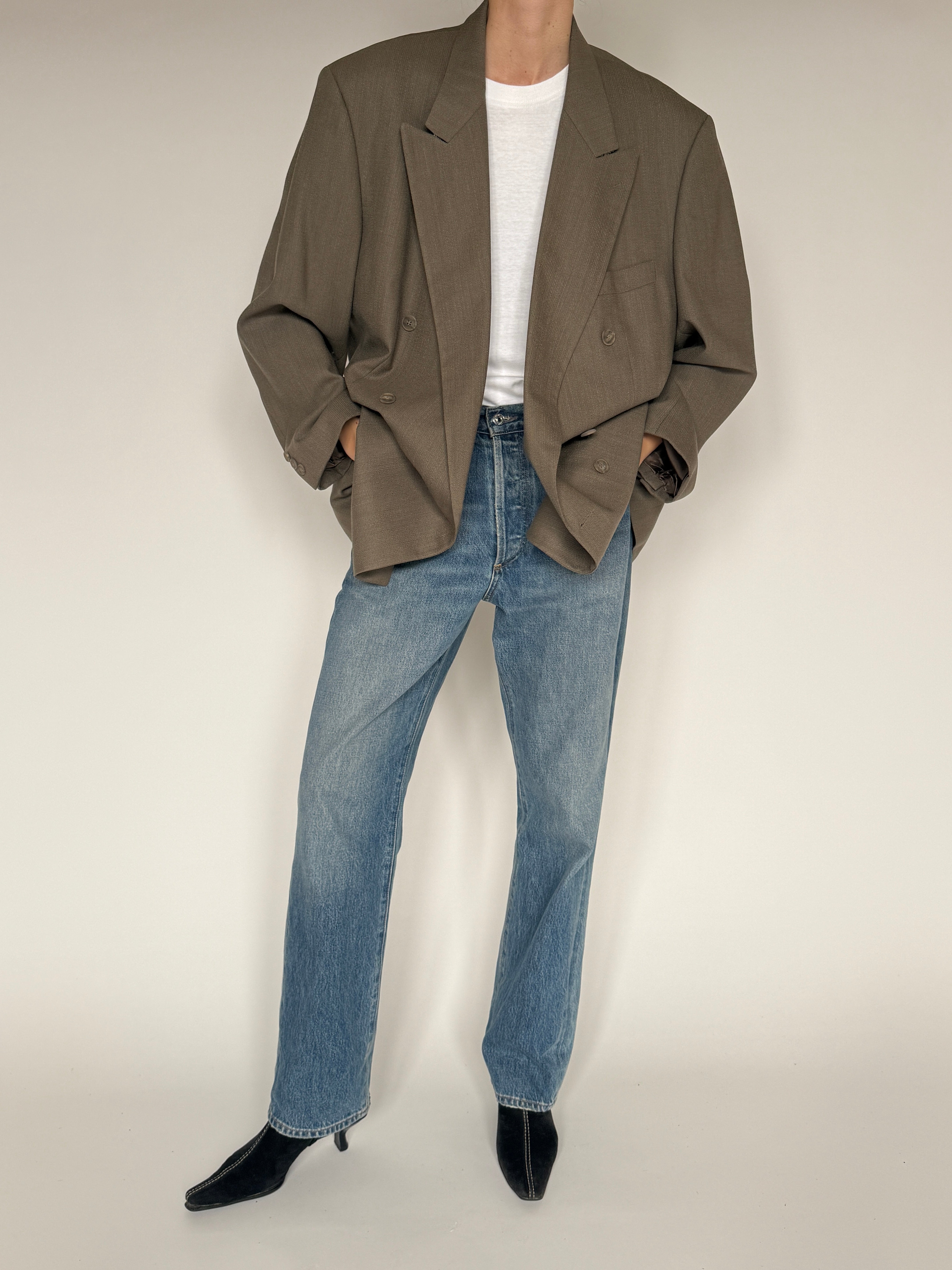 Vintage brown oversized wool double-breasted blazer front view