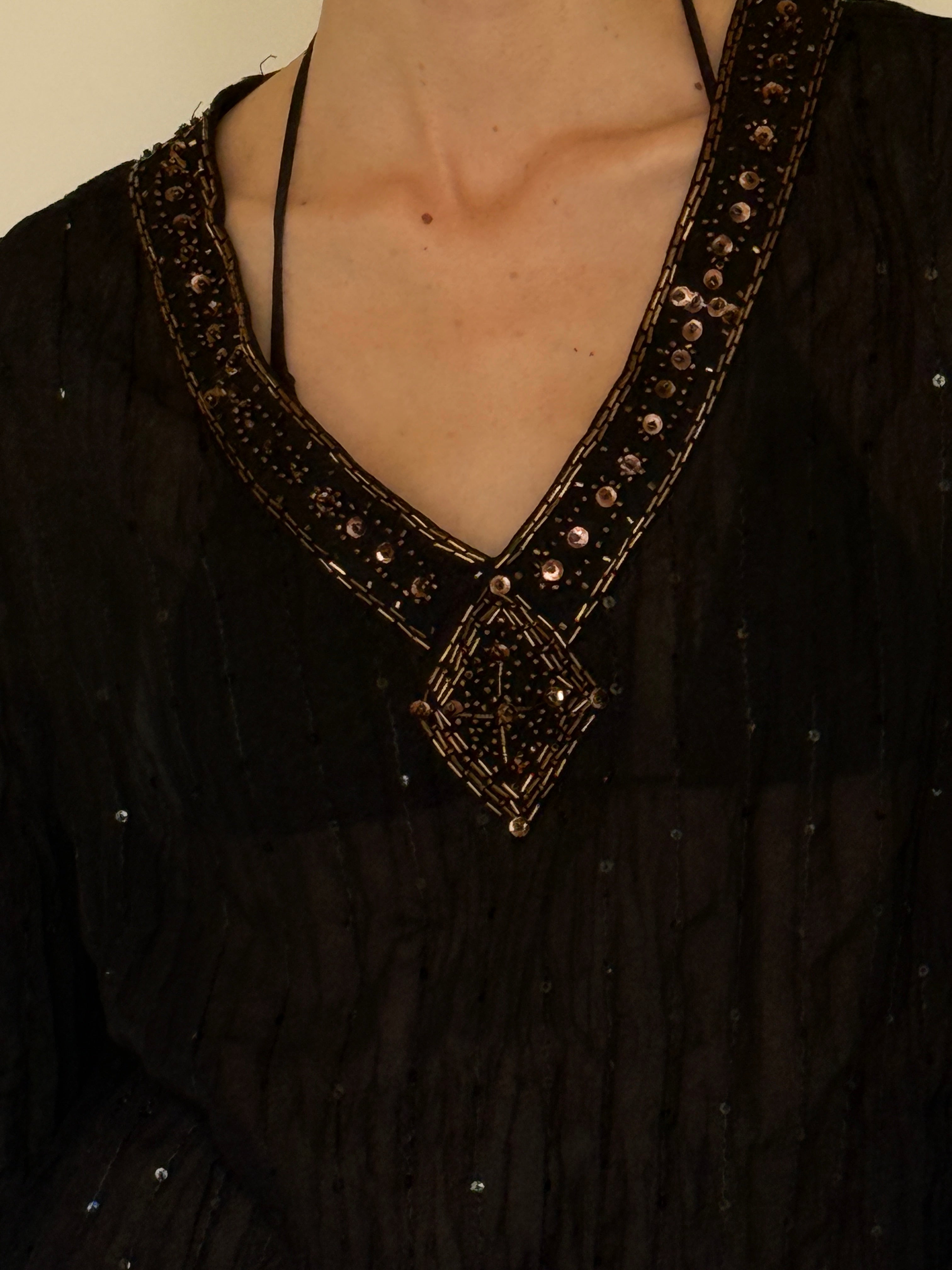 Vintage sheer embellished swim cover-up tunic neckline detail