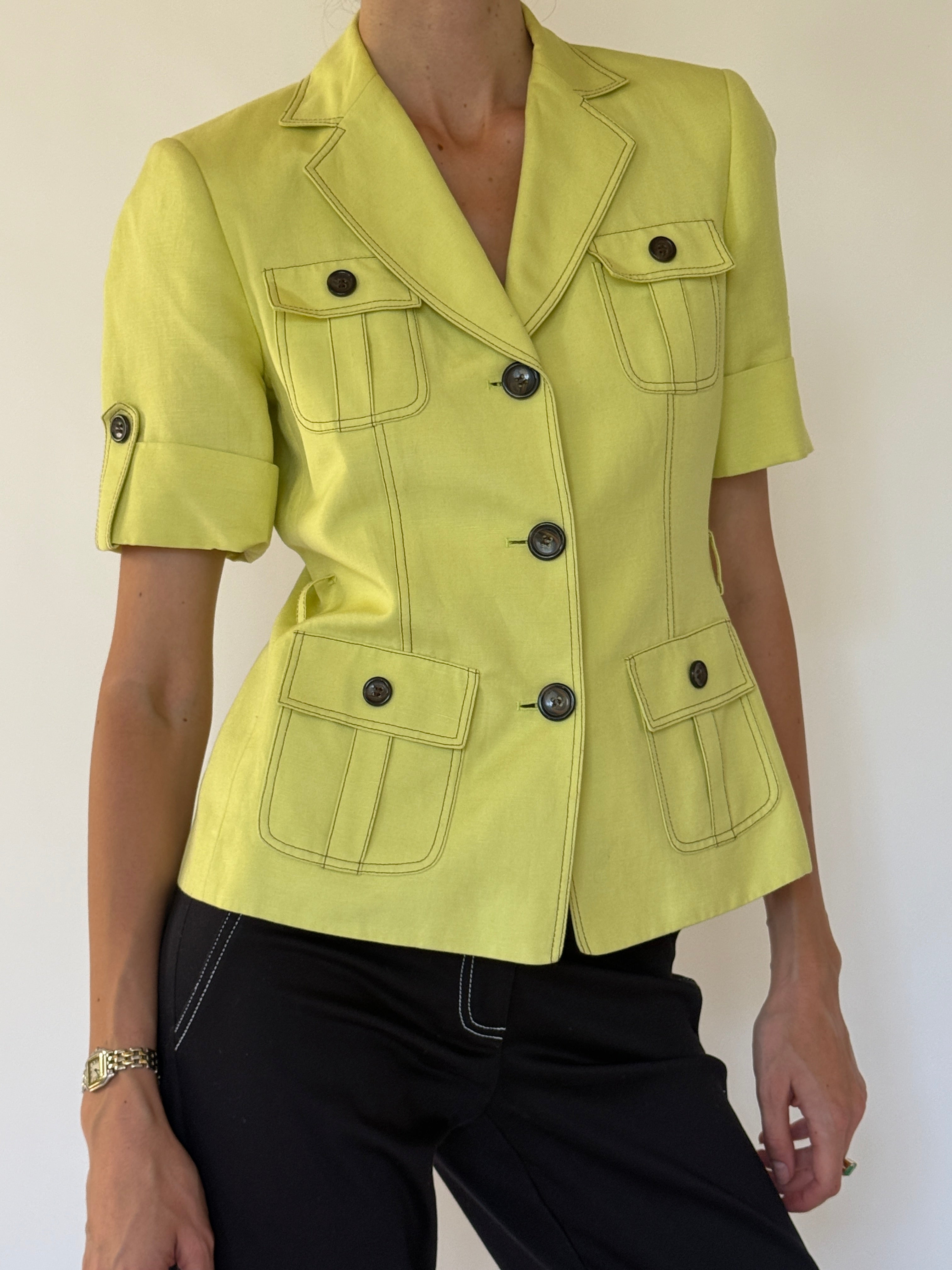 Vintage lime green short-sleeve safari jacket side view