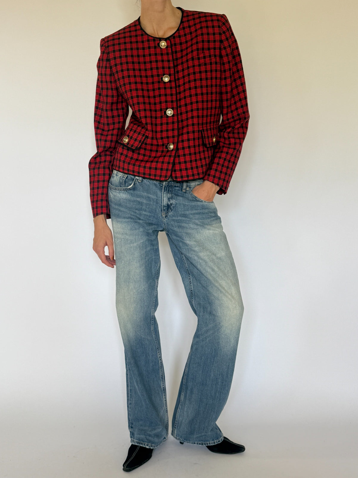 Vintage plaid collarless blazer red and black back view