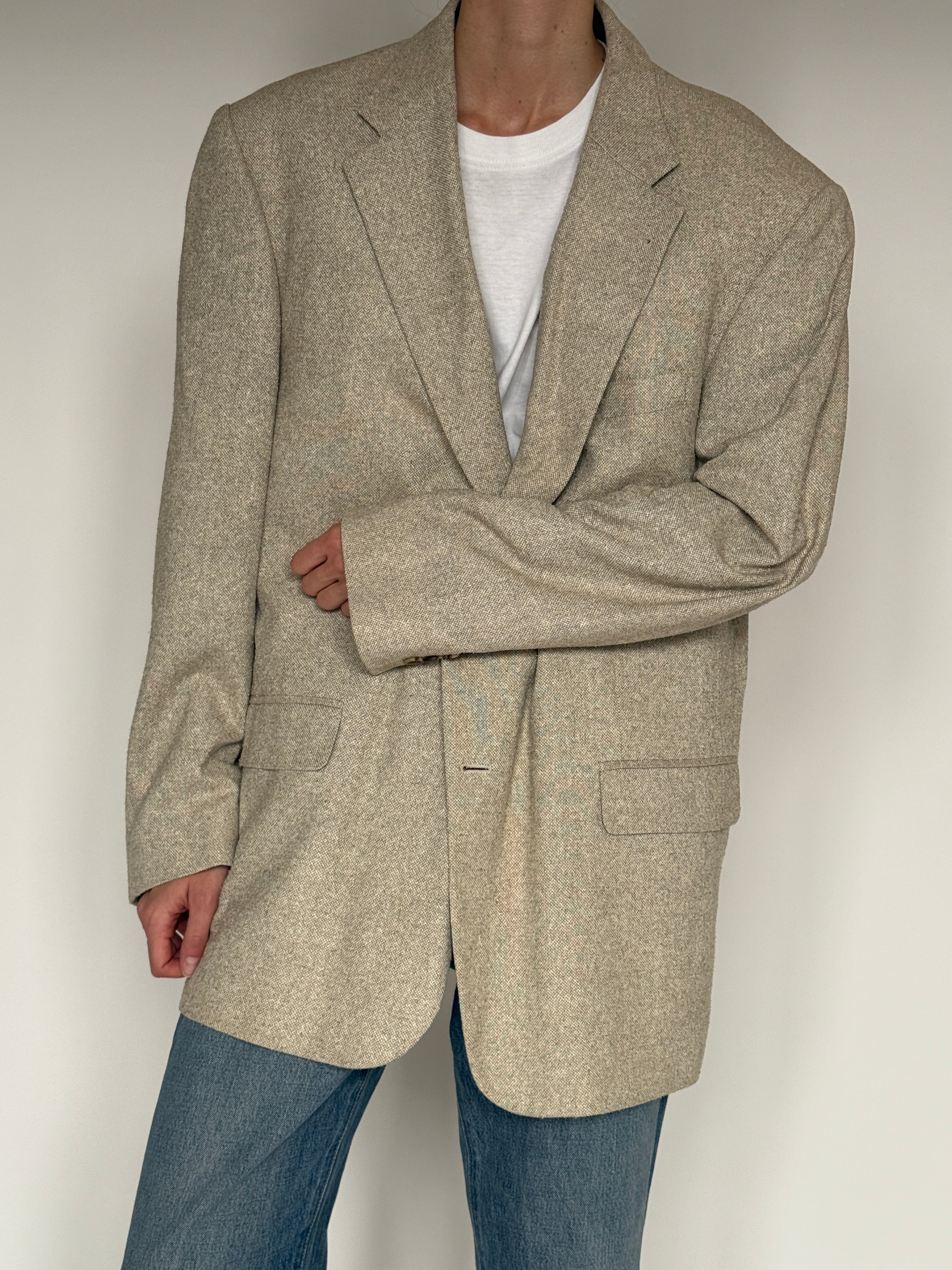 Vintage beige textured oversized blazer front view single-breasted