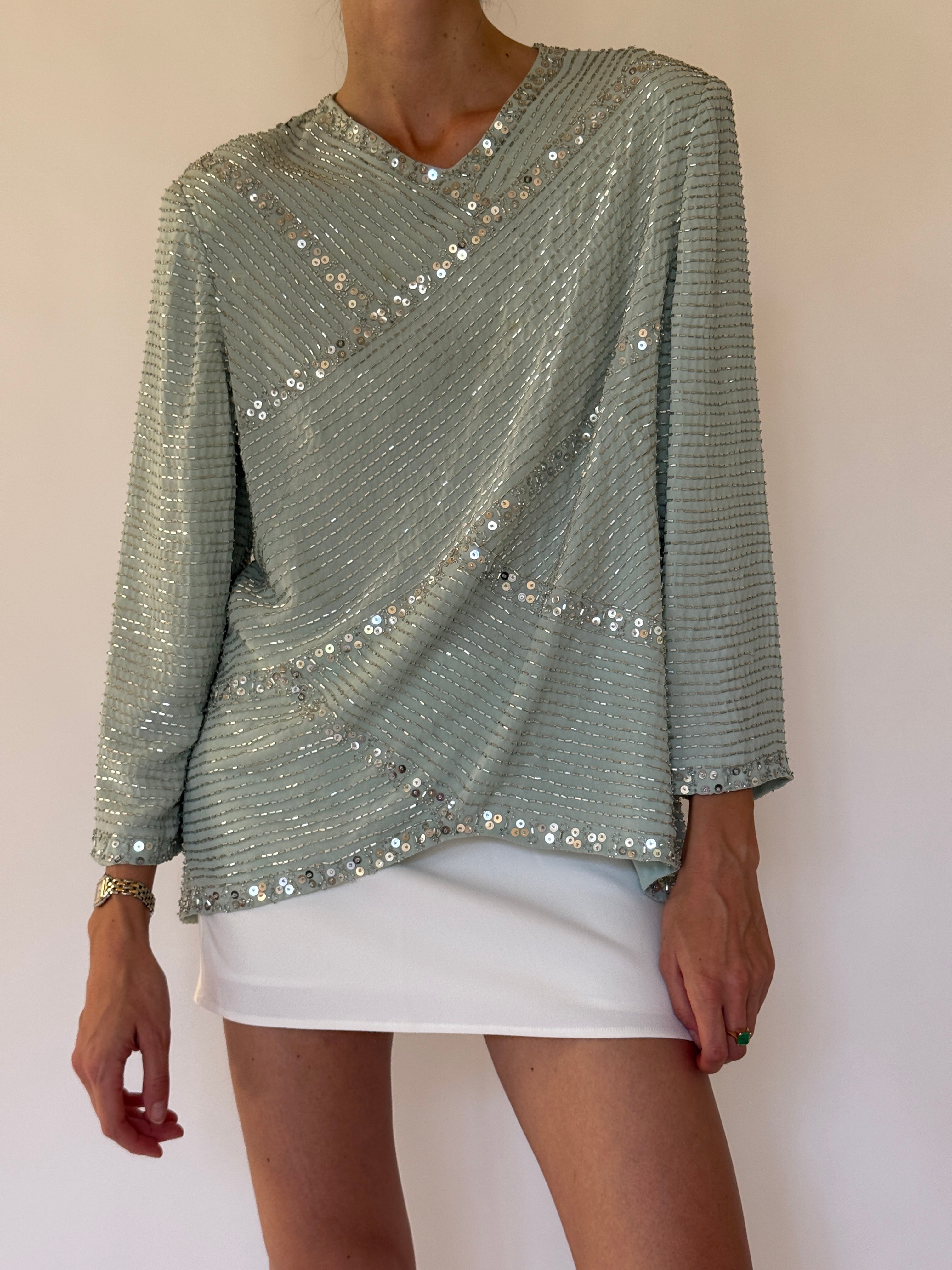 Vintage sage green beaded sequin evening top front view