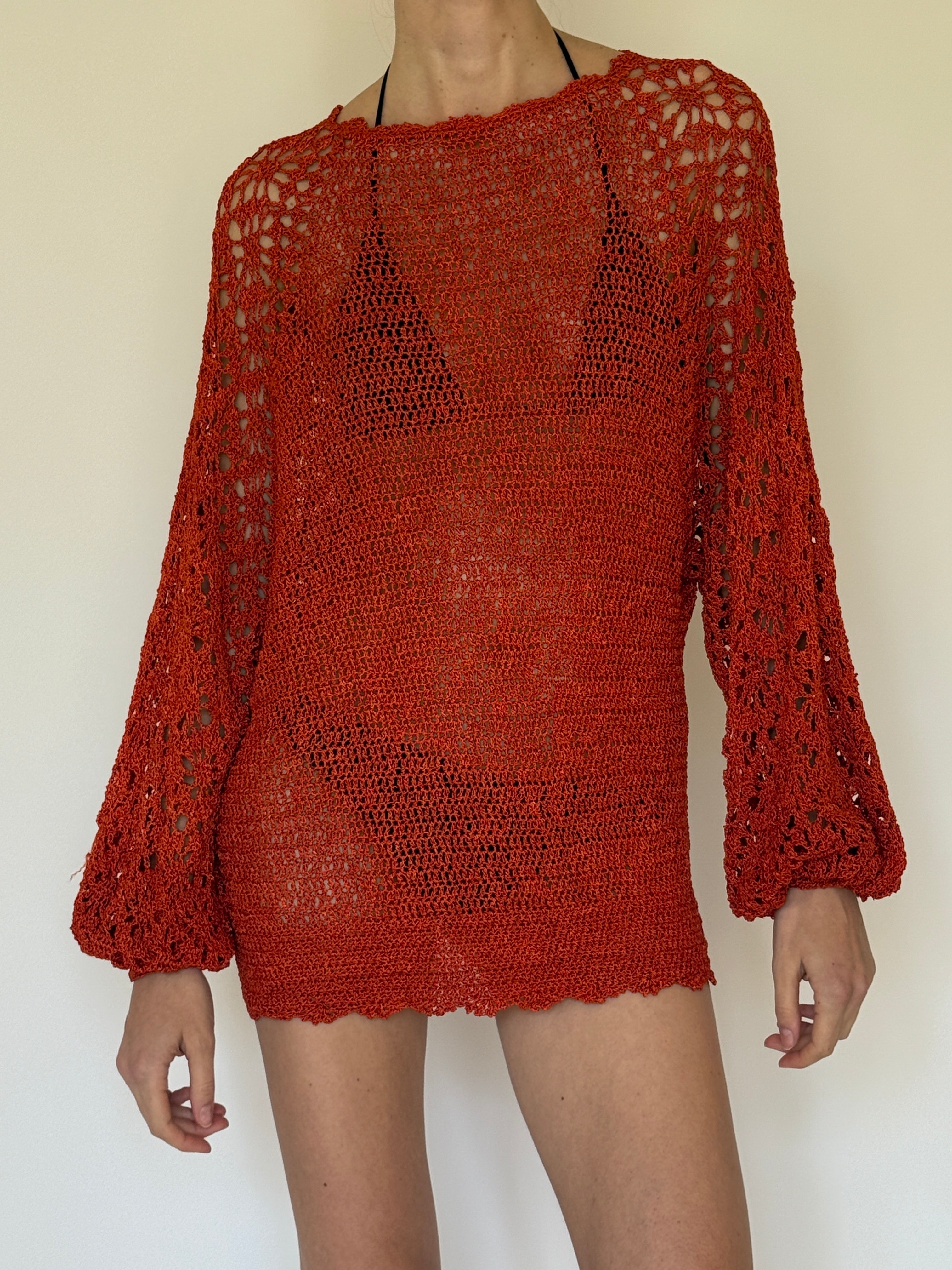 Vintage rust crochet swim cover-up dress open knit texture