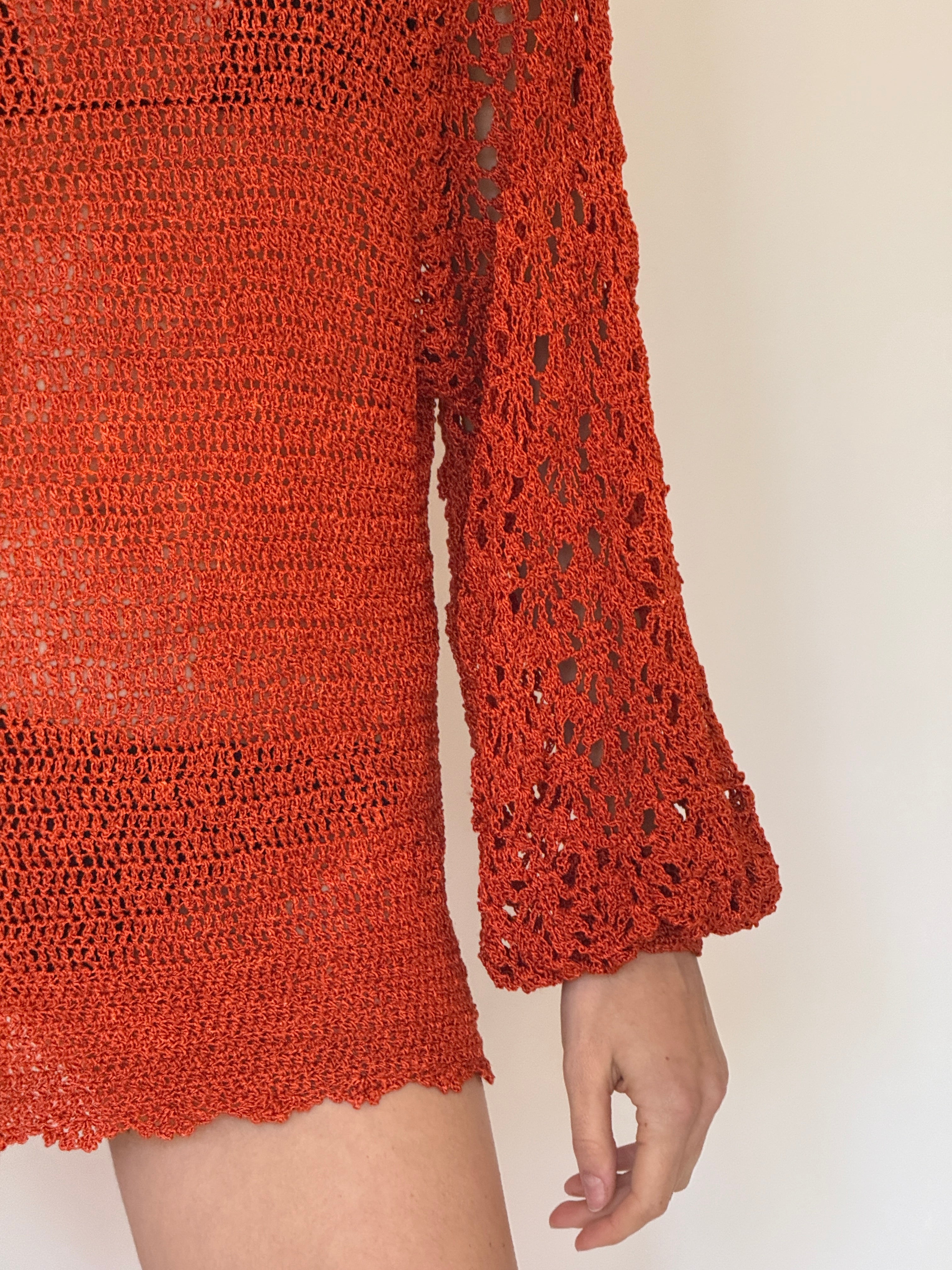 Vintage rust crochet swim cover-up dress sleeve detail